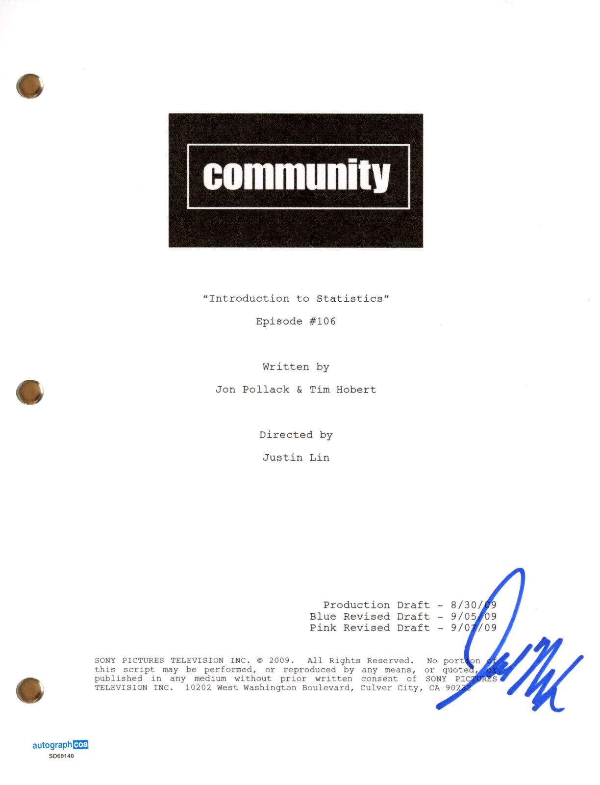 Joel McHale “Community” Signed Autograph Introduction to Statistics Script ACOA