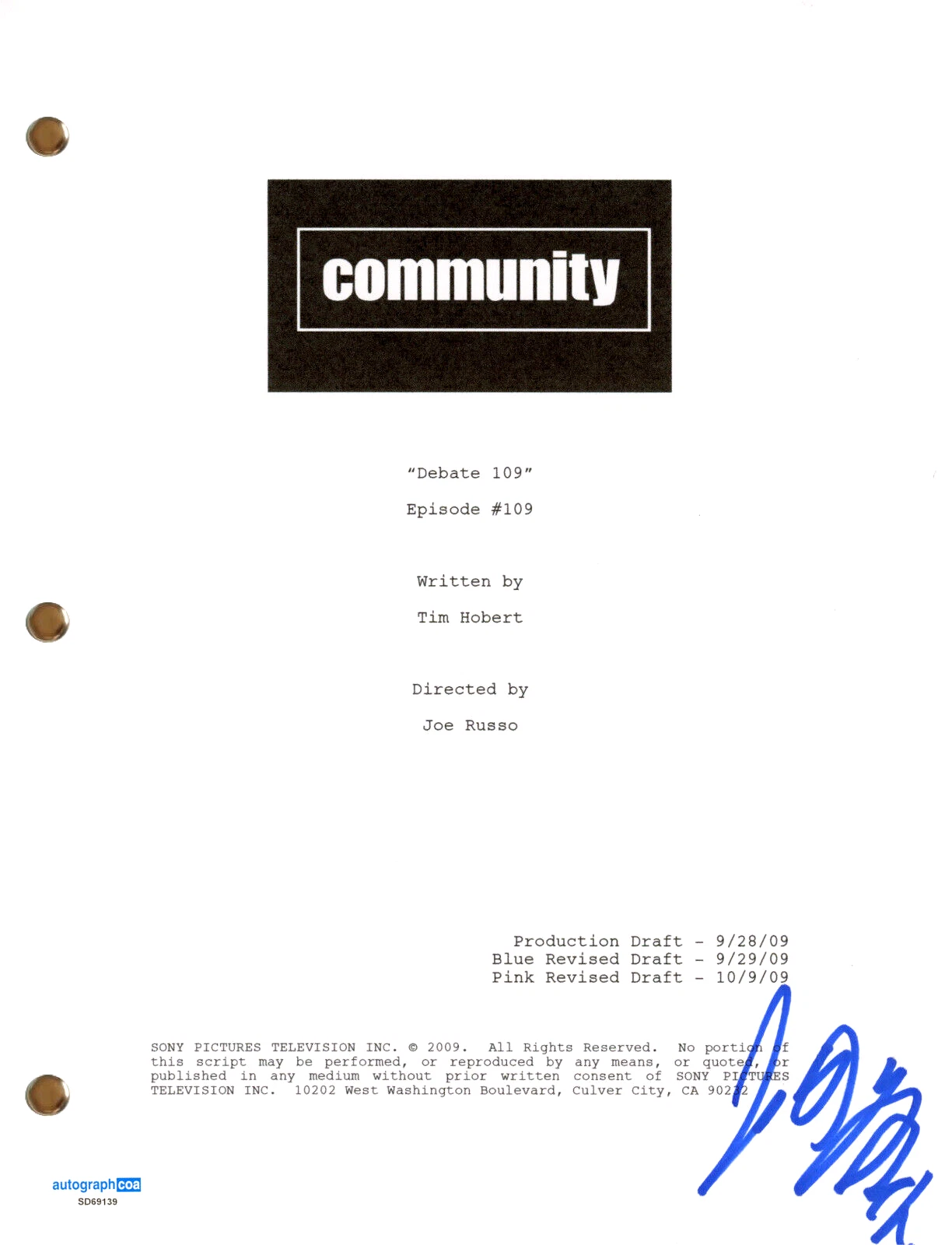 Joel McHale “Community” Signed Autograph “Debate 109” TV Script Screenplay ACOA