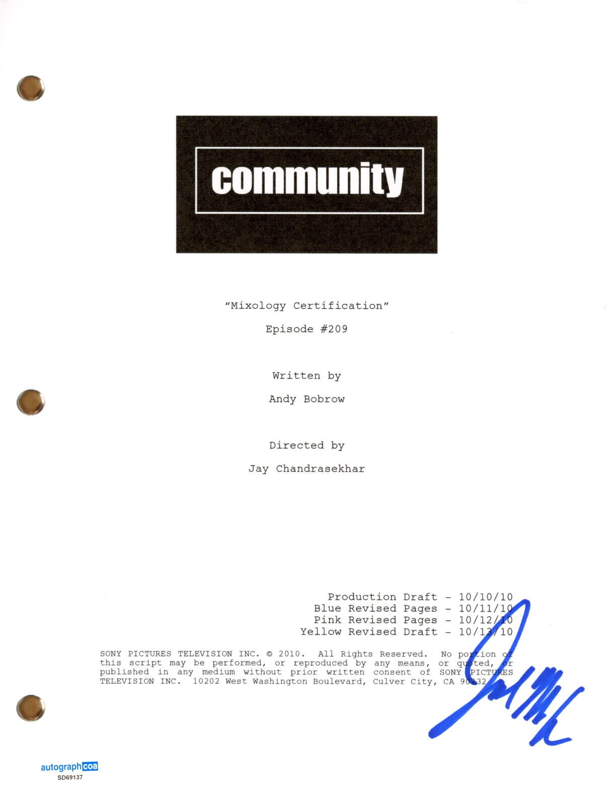 Joel McHale “Community” Signed Autograph “Mixology Certification” TV Script ACOA