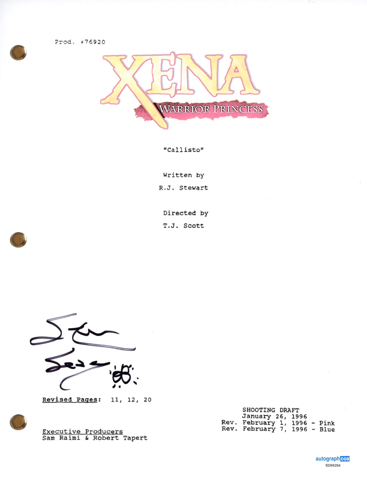 Steven L. Sears “Xena Warrior Princess” Signed Autograph 'Callisto' Script ACOA