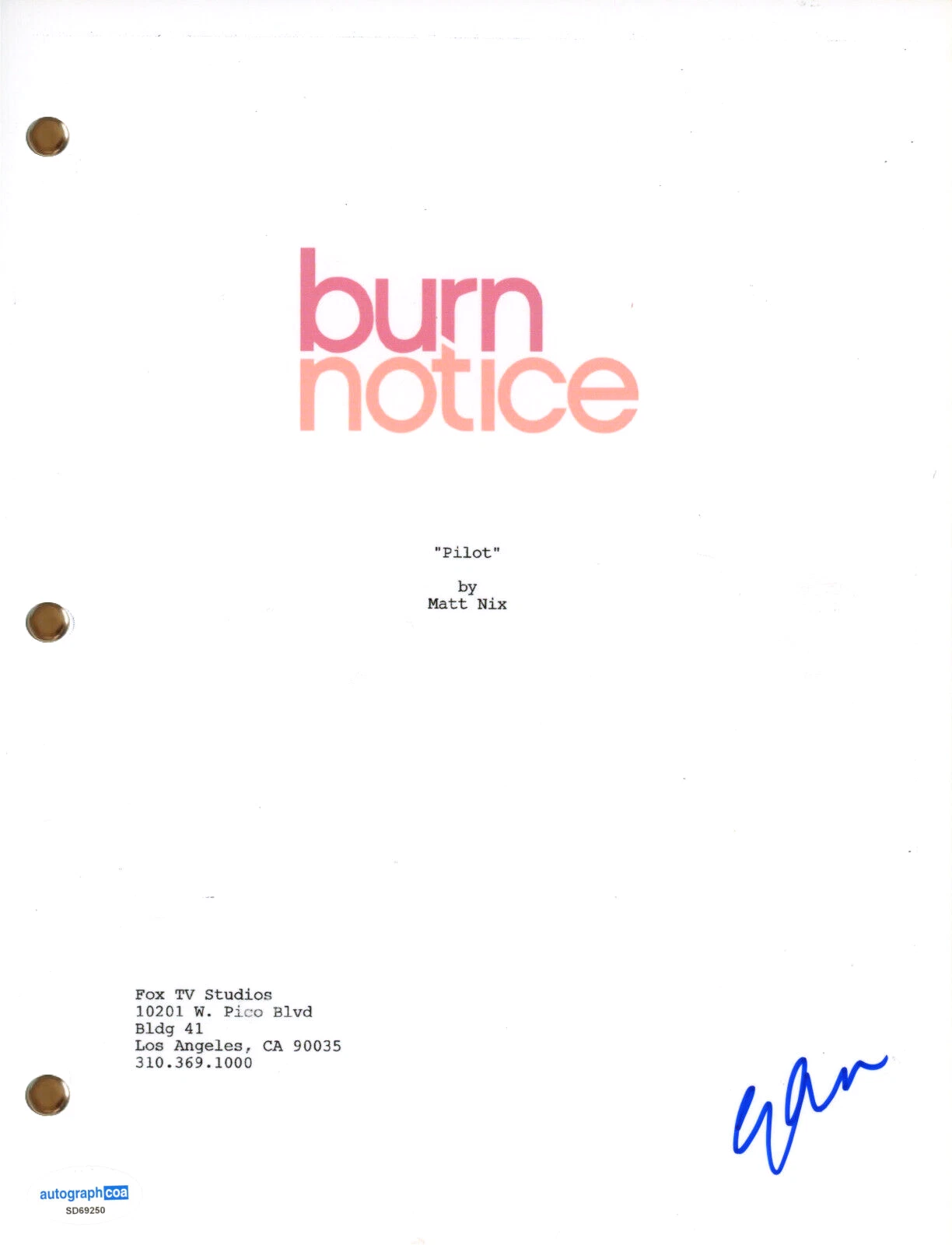 Gabrielle Anwar “Burn Notice” Signed Autograph Pilot Script TV Screenplay ACOA