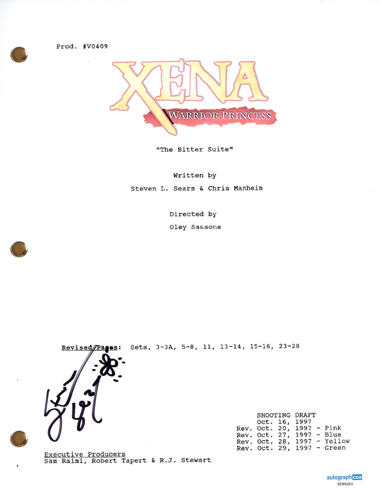 Steven L. Sears “Xena Warrior Princess” Signed TV Script 'The Bitter Suite' ACOA