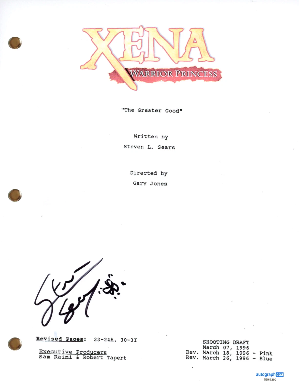 Steven L. Sears “Xena Warrior Princess” Signed TV Script 'The Greater Good' ACOA