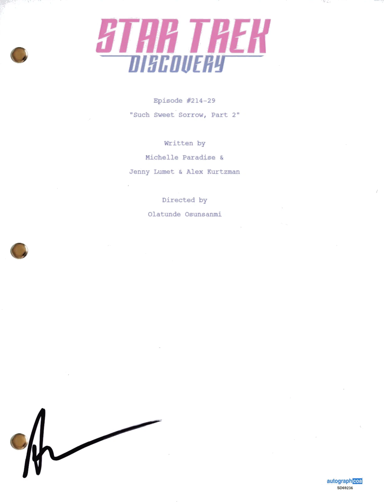 Alex Kurtzman “Star Trek Discovery” Signed Autograph TV Script Screenplay ACOA