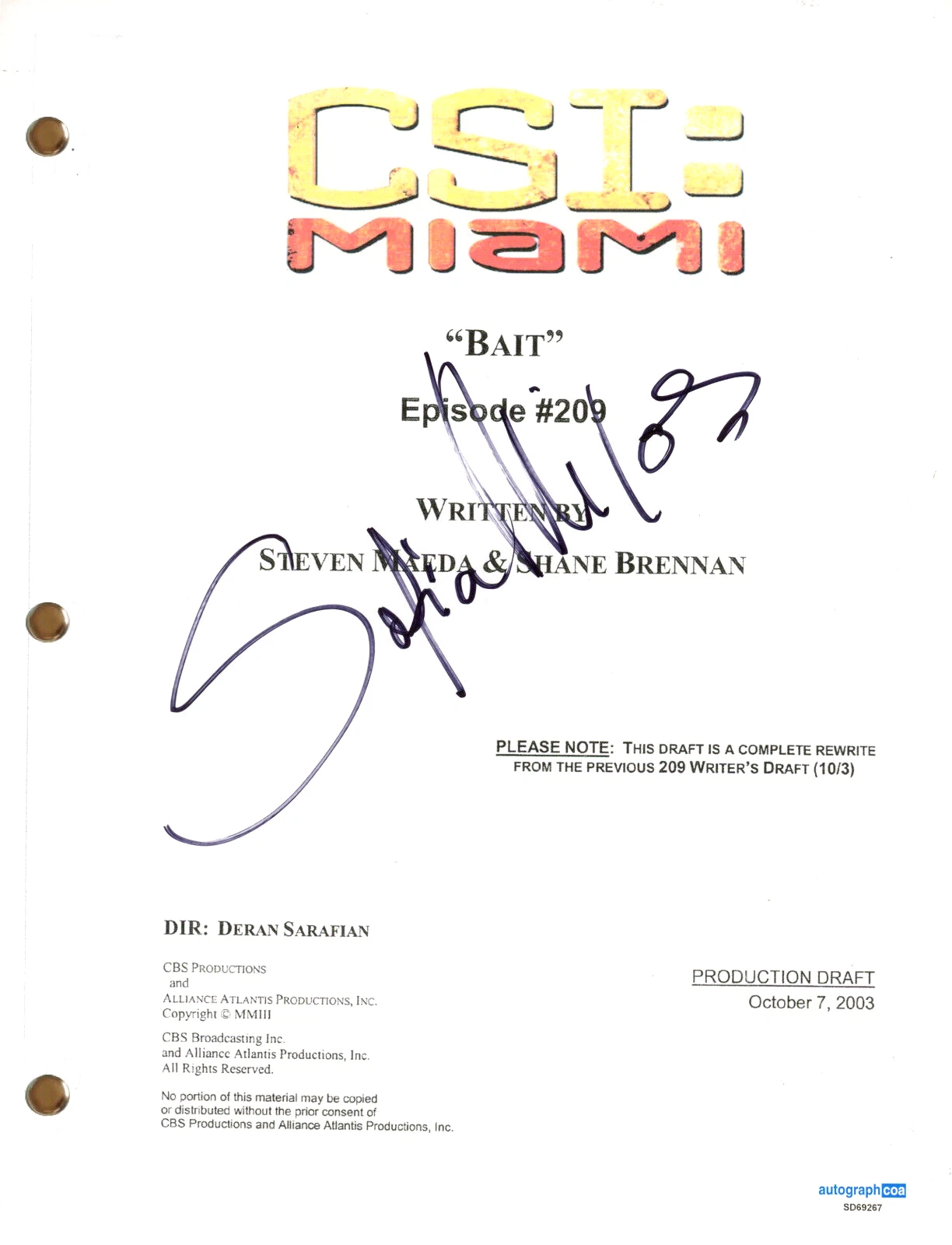 Sofia Milos “CSI: Miami” Signed Autograph Full Script 'Bait' TV Screenplay ACOA