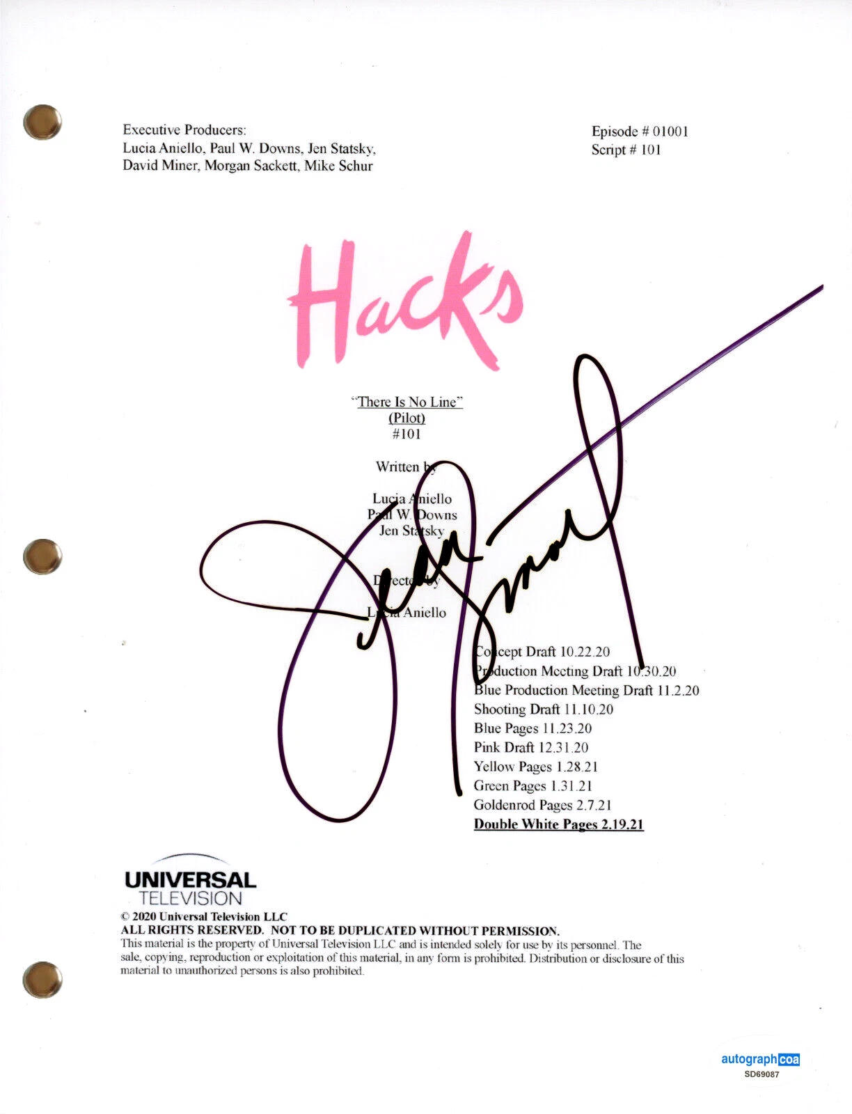 Jean Smart “Hacks” Signed Autograph Pilot Episode Script TV Screenplay Hbo ACOA