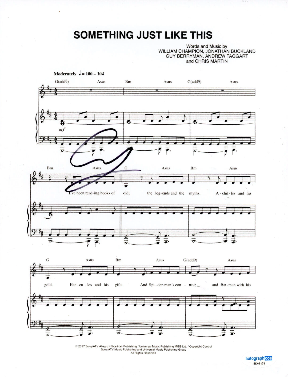 The Chainsmokers Andrew Taggart Signed Something Like This Sheet Music ACOA COA