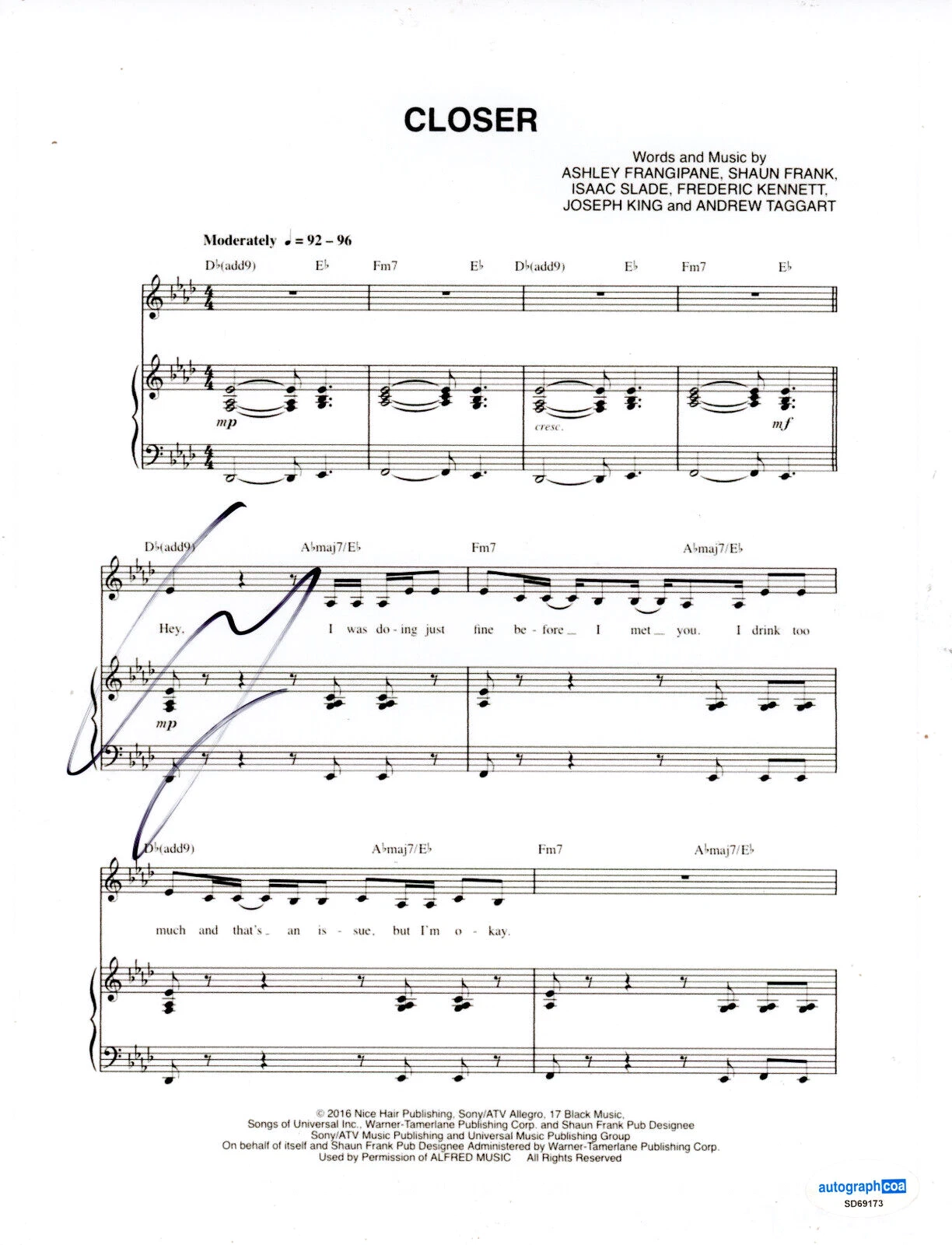 THE CHAINSMOKERS ANDREW TAGGART SIGNED AUTOGRAPH CLOSER HALSEY SHEET MUSIC ACOA COLLECTIBLE MEMORABILIA