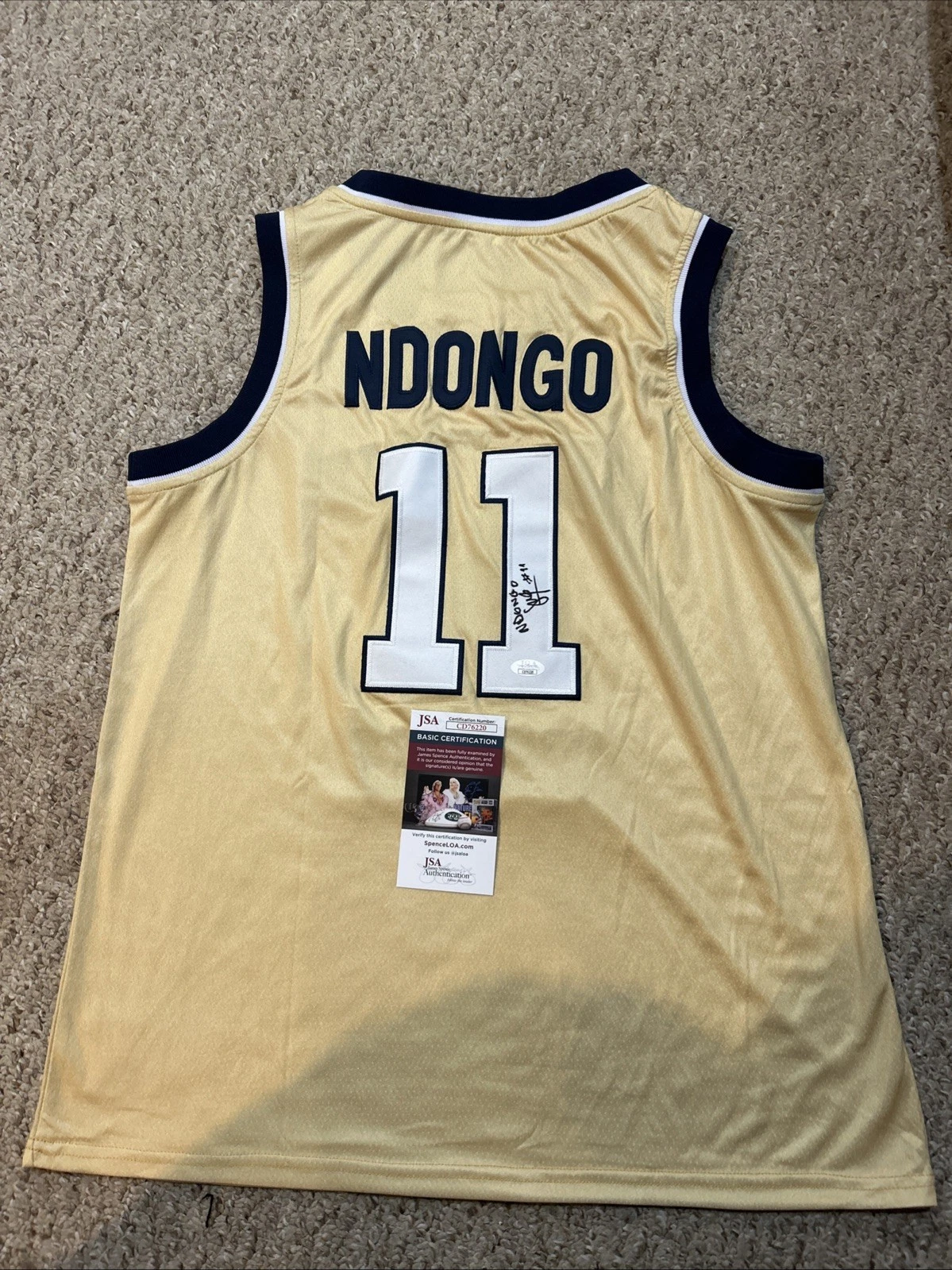 GEORGIA TECH YELLOW JACKETS- BAYE NDONGO SIGNED AUTOGRAPH JERSEY JSA COA