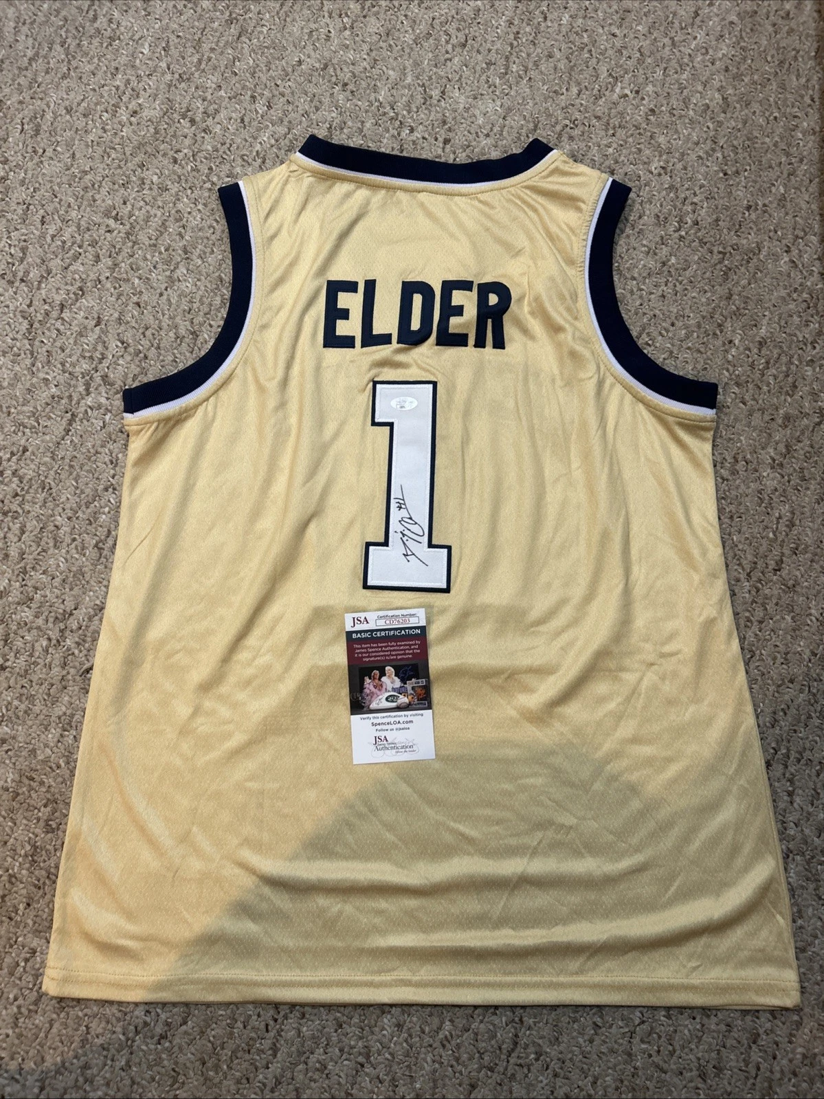GEORGIA TECH YELLOW JACKETS- BJ ELDER SIGNED AUTOGRAPH JERSEY JSA COA BASKETBALL