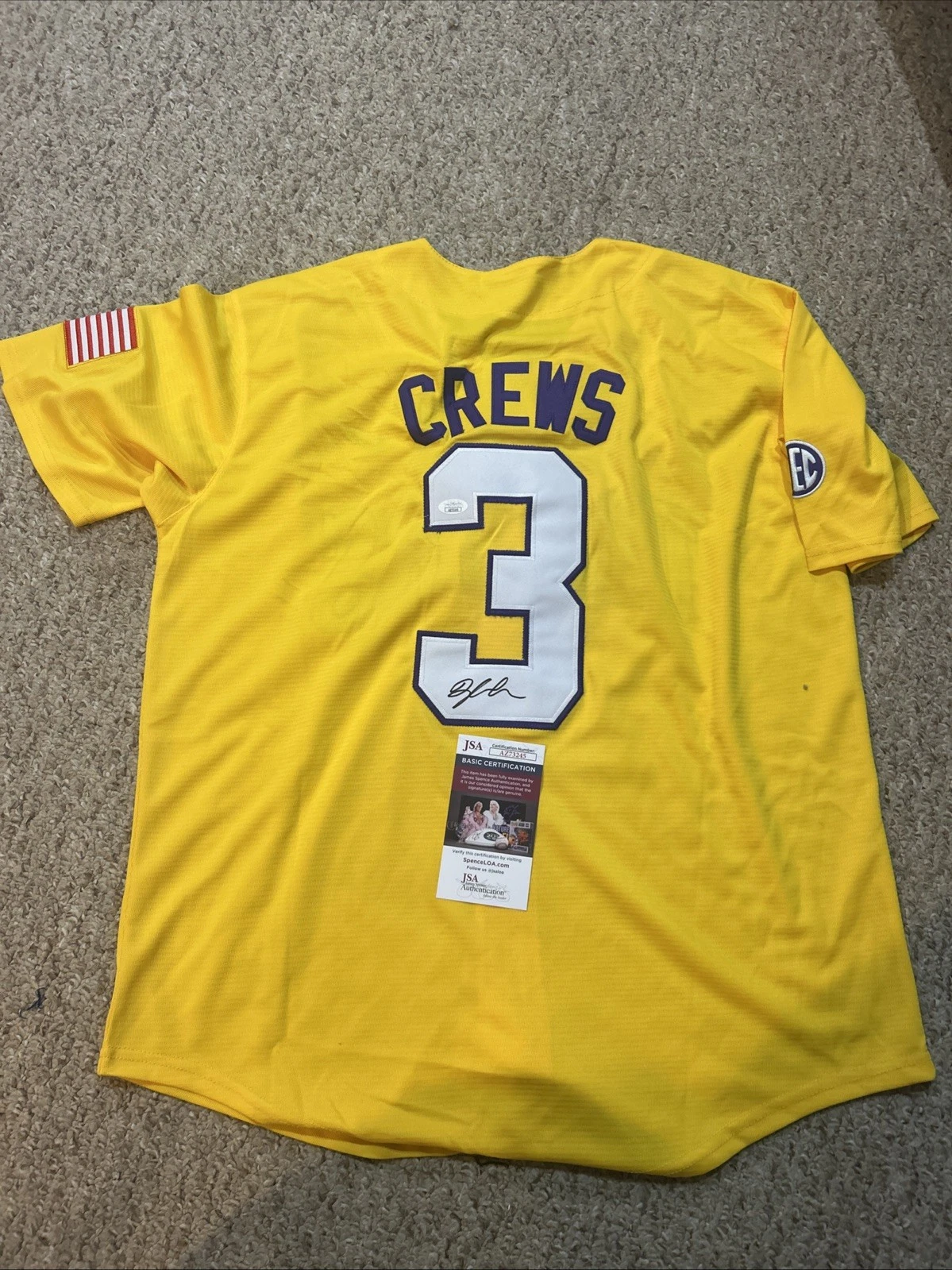 LSU TIGERS- DYLAN CREWS SIGNED AUTOGRAPH JERSEY JSA COA NATIONALS TOP PROSPECT