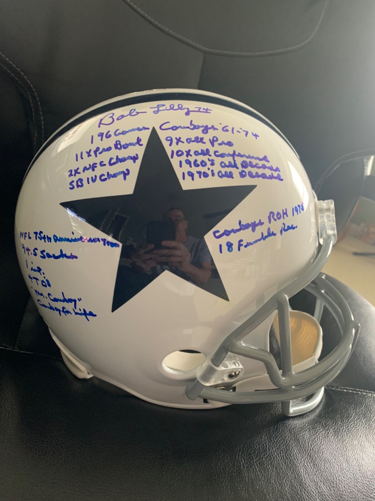 BOB LILLY SIGNED DALLAS COWBOYS WHITE FULL SIZE HELMET 17 INSCRIPTIONS JSA