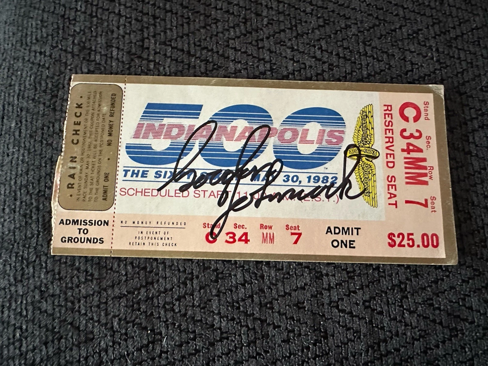 Gordon Johncock Signed Indianapolis Indy 500 Ticket 1982 Race Winner