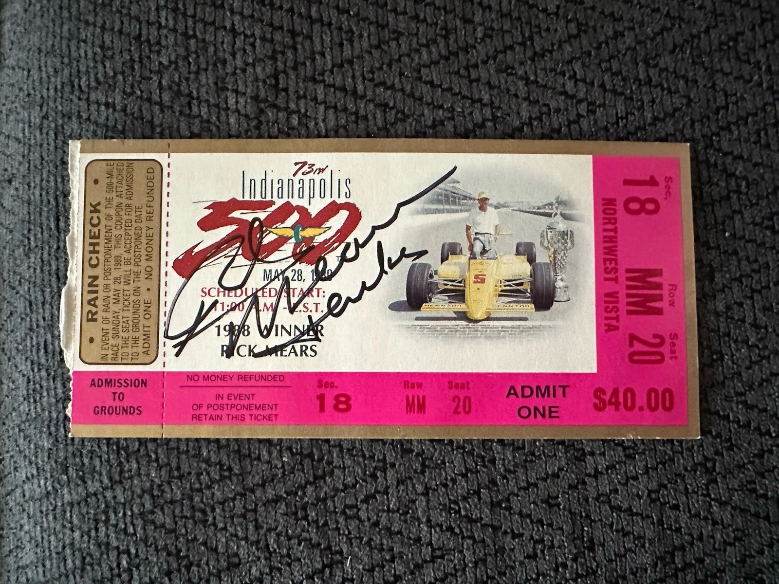 1989 Indy 500 Rick Mears Signed Ticket Stub (1988 Indy Race Winner) Auto