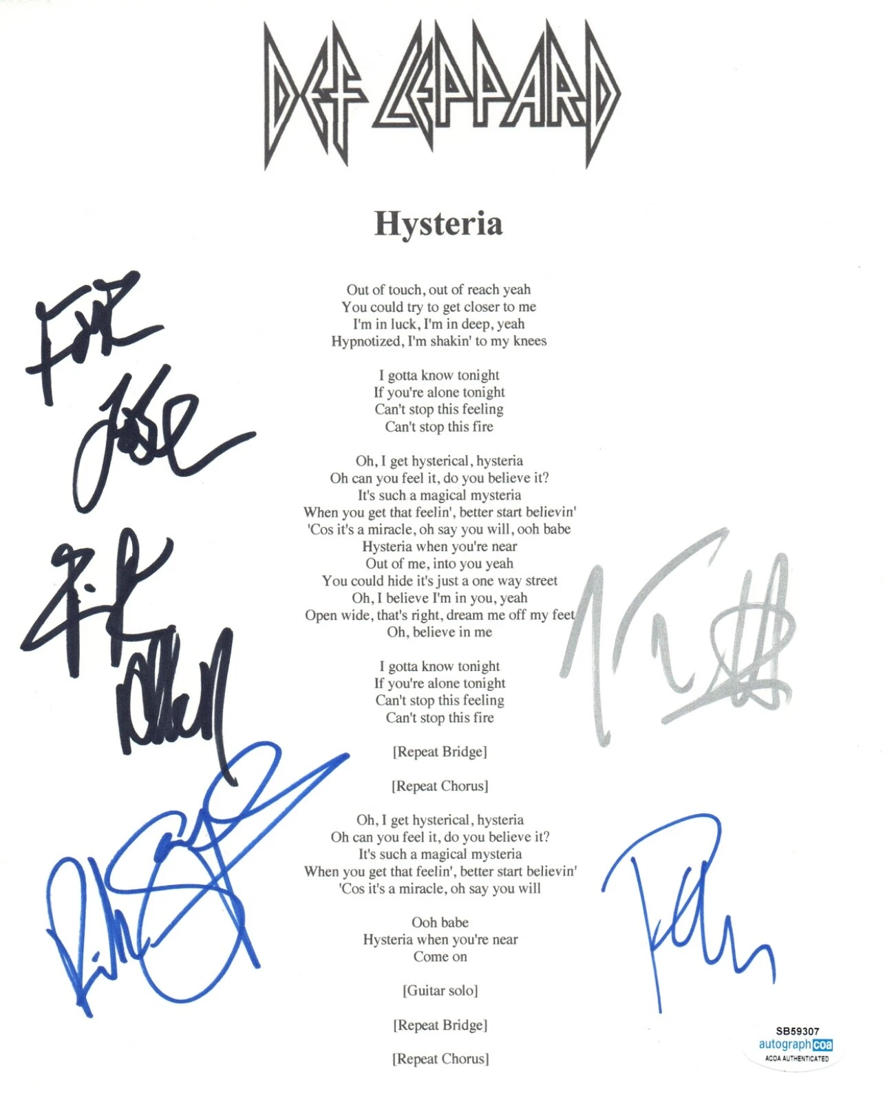 Def Leppard Signed Autograph Hysteria Lyric Sheet Joe Elliott x4 Full Band ACOA