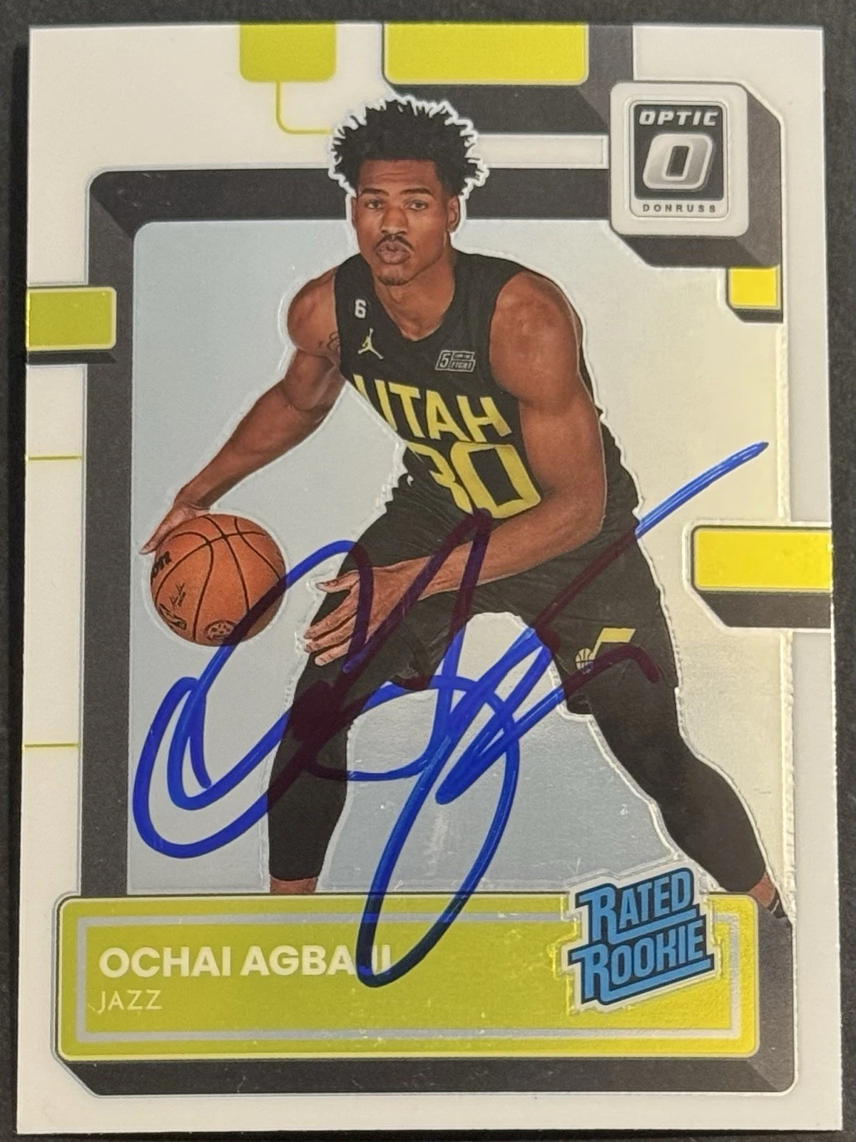 Ochai Agbaji Signed 2022-23 Donruss Optic Rookie Card Utah Jazz BAS Beckett COA