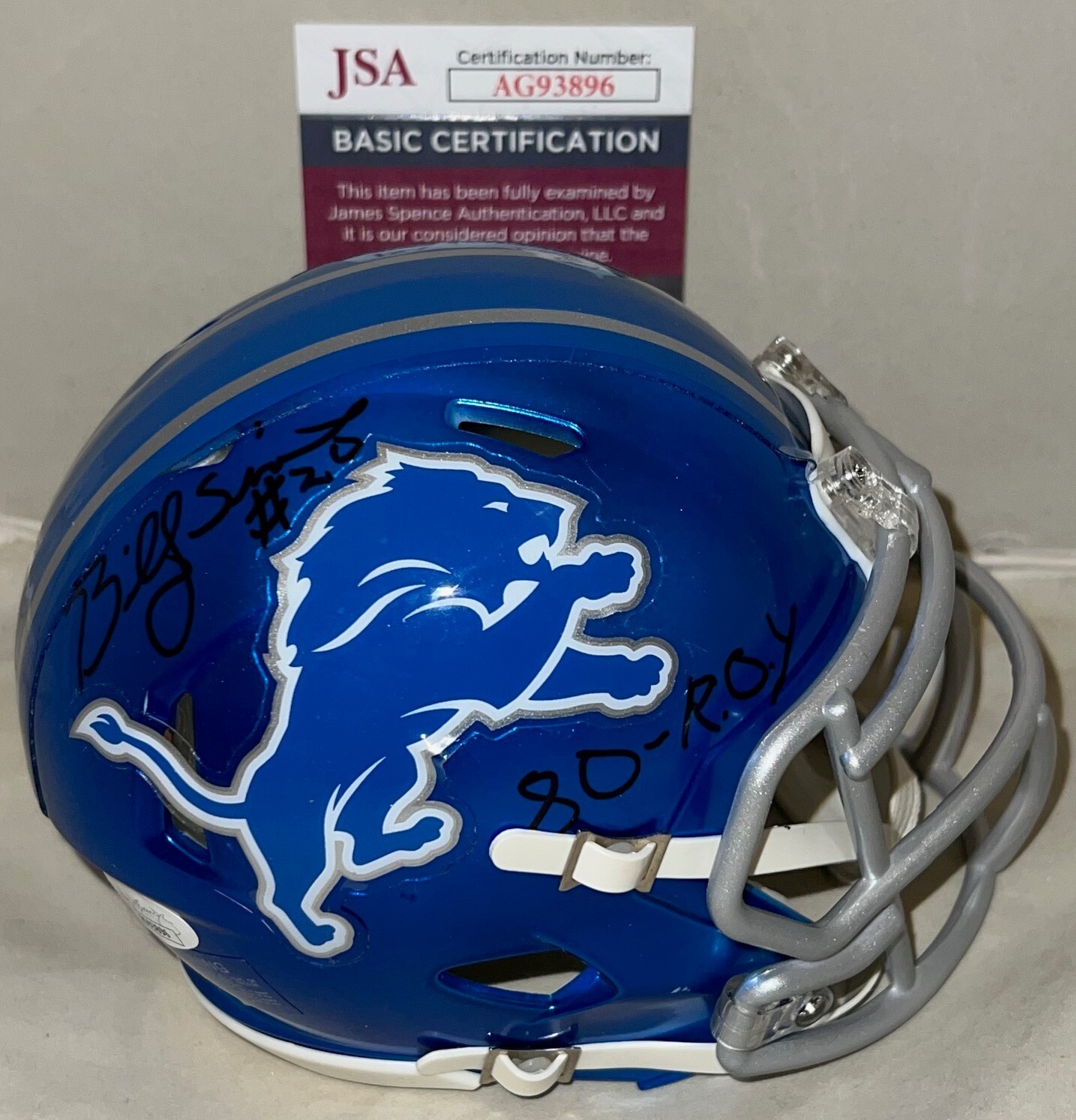 Billy Sims signed Detroit Lions Flash mini helmet autographed W/ 80 ROY Insc JSA