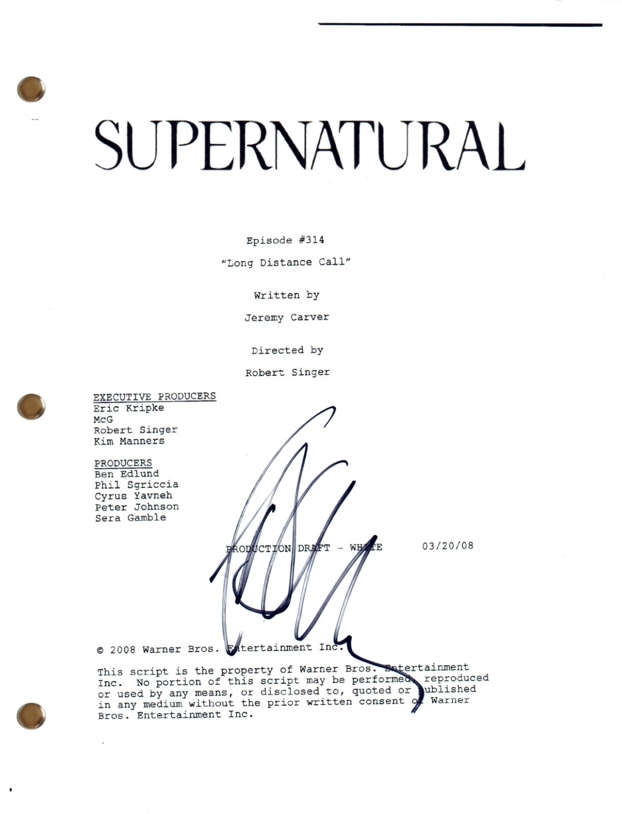 Jeffrey Dean Morgan SUPERNATURAL Signed Long Distance Call Autograph Script COA