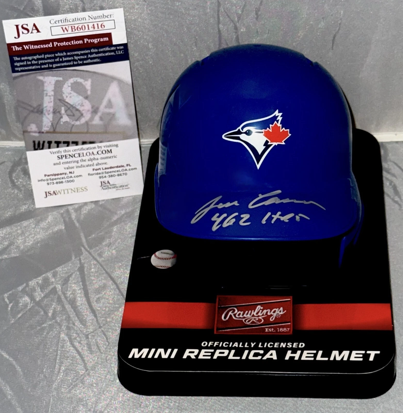 Jose Canseco signed Toronto Blue Jays mini helmet W 462 HR Inscrip JSA Witnessed