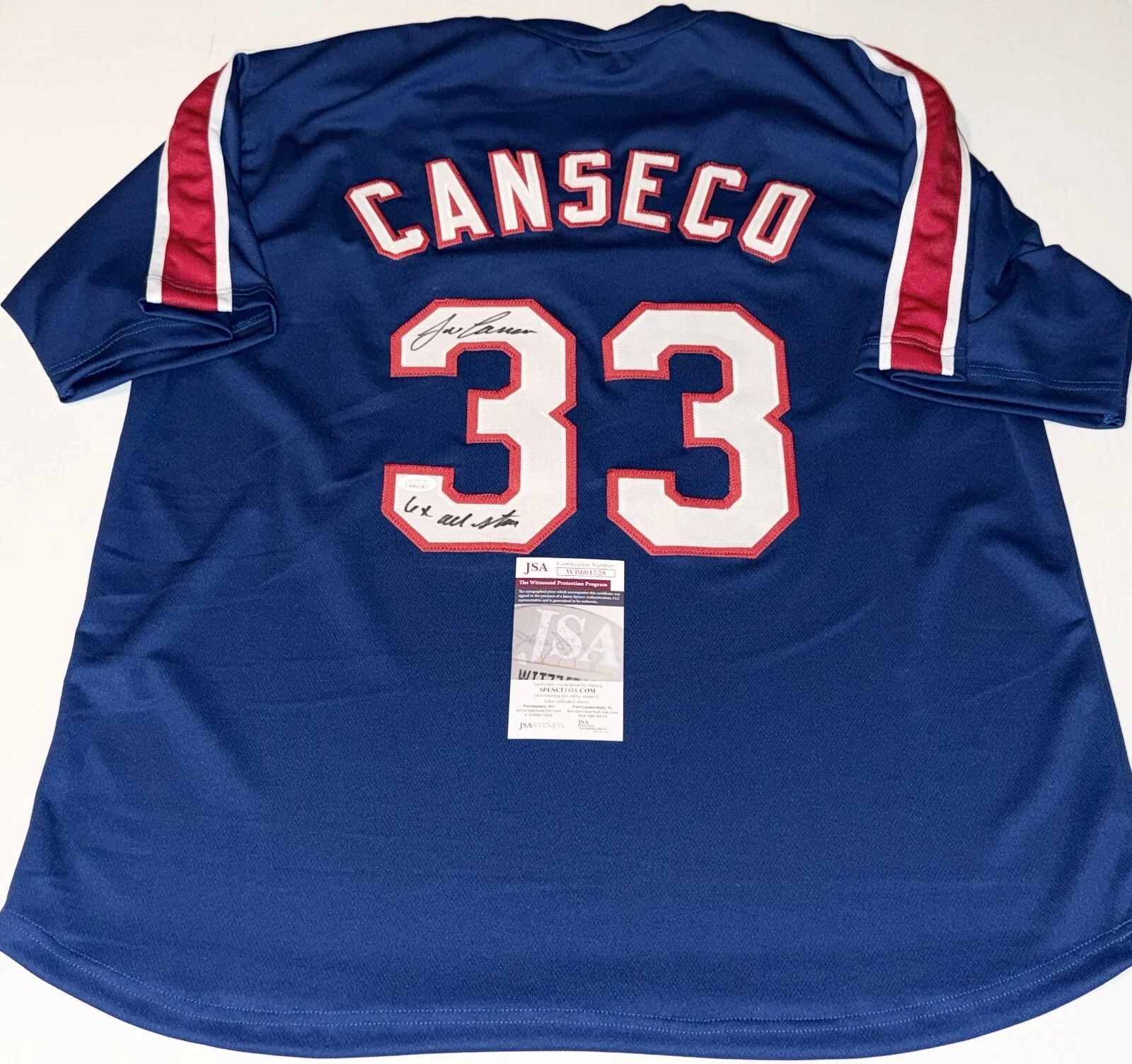 Jose Canseco signed Texas Rangers Custom jersey W/ 6x All Star Ins JSA Witnessed