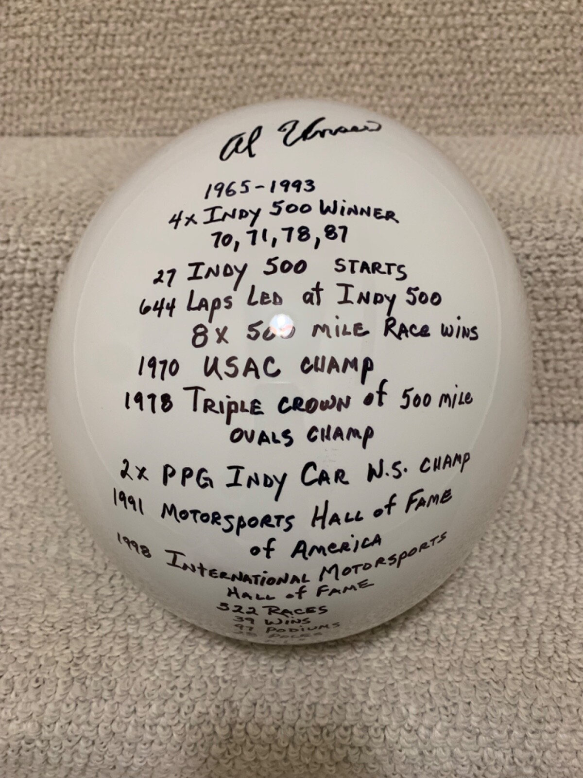 AL UNSER SR. SIGNED FULL SIZE BELL RACING HELMET 15 INSCRIPTIONS JSA