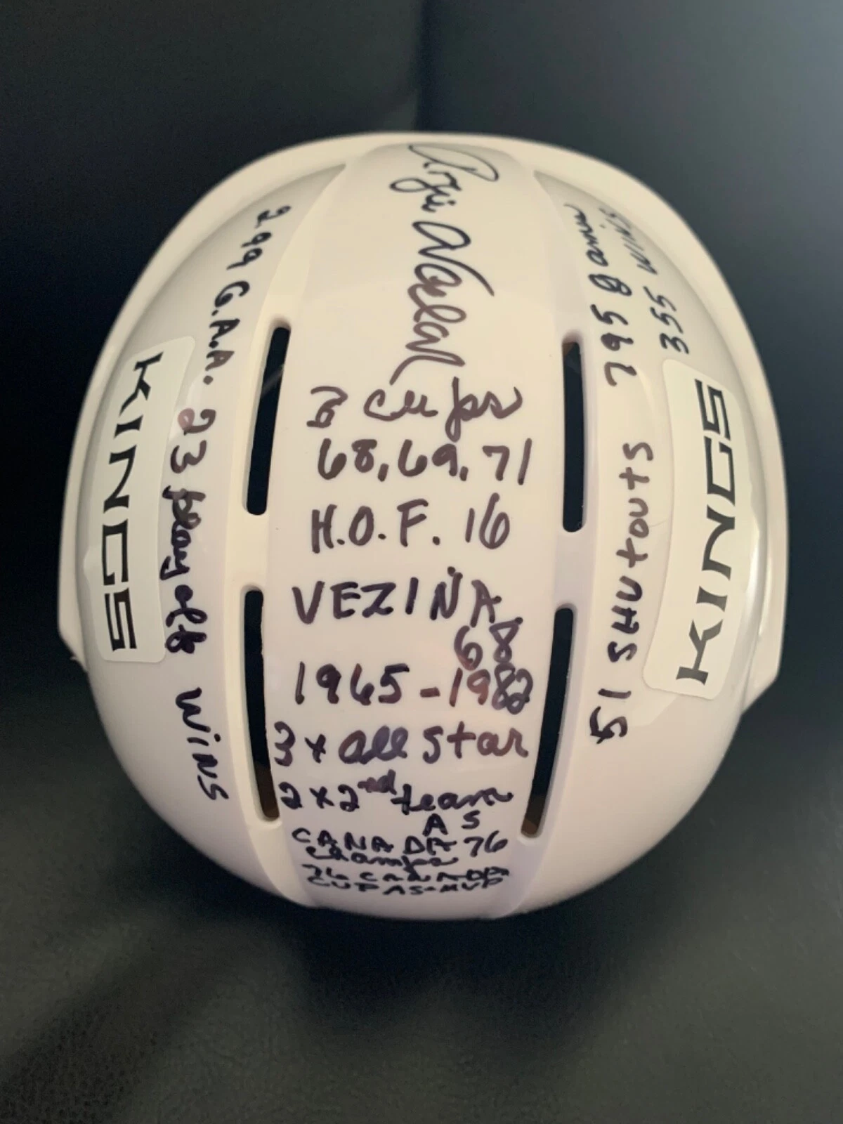 ROGIE VACHON HAND SIGNED KINGS HOCKEY MINI-HELMET+JSA RARE 13 INSCRIPTIONS