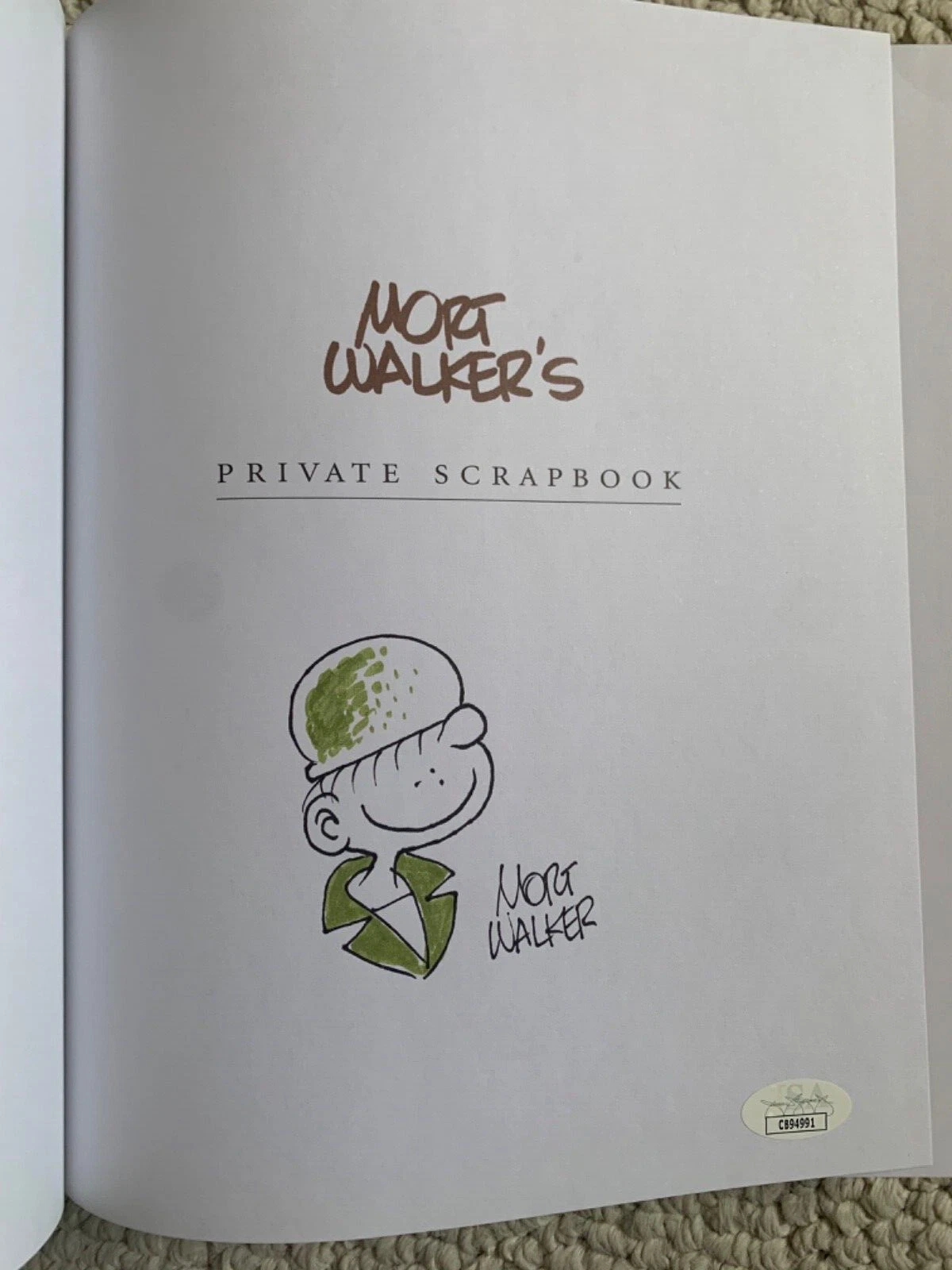 MORT WALKER ORIGINAL COLOR BEETLE BAILEY DRAWING ON INSIDE OF BOOK+JSA RARE