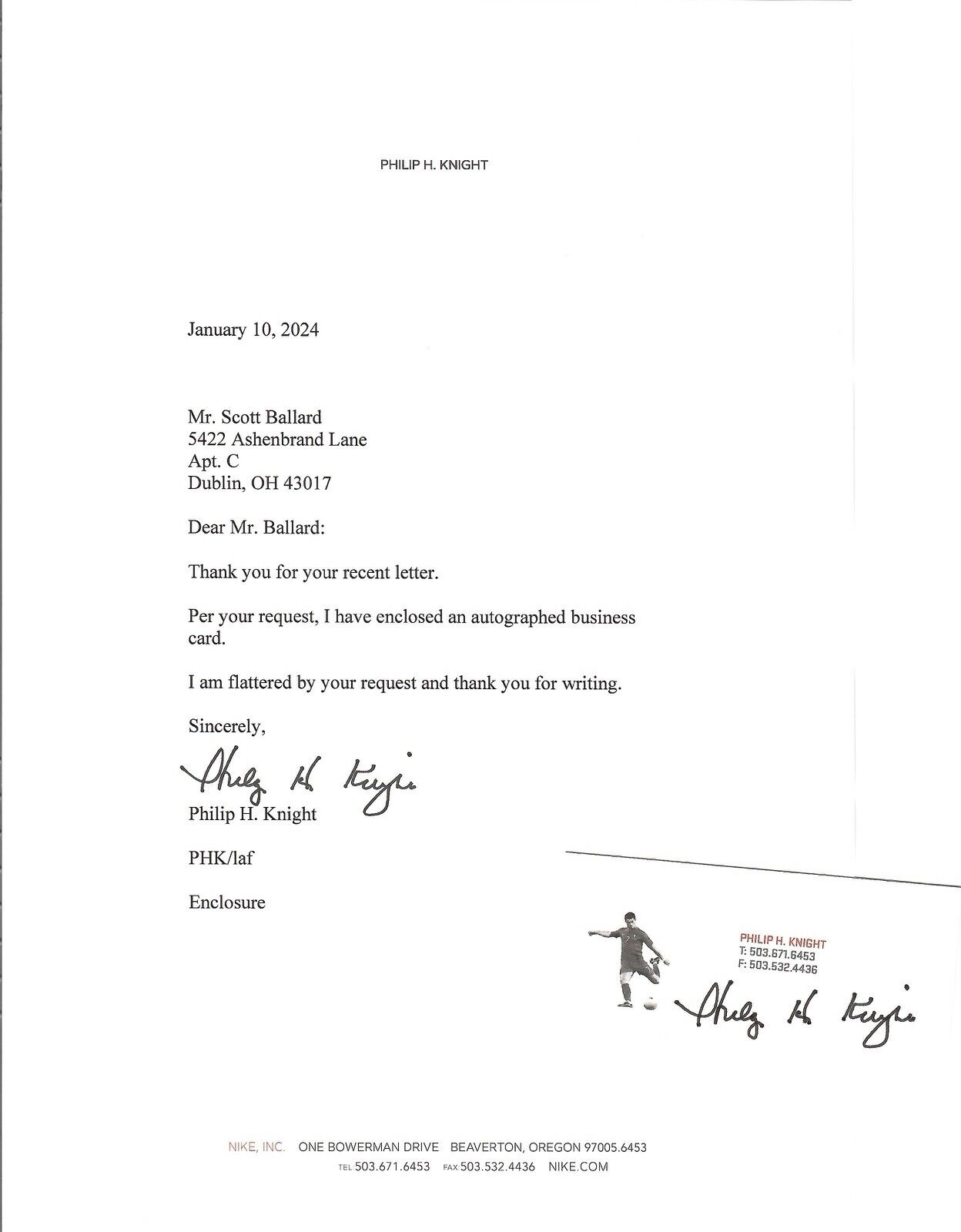 PHIL KNIGHT PRE-PRINTED AUTOGRAPHED LETTER+SOCCER NIKE BUSINESS CARD LOT OF 2