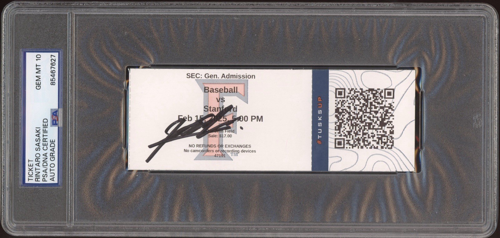 Rintaro Sasaki Signed NCAA COLLEGE DEBUT Ticket 2/15/25 PSA GEM MT 10 AUTO JAPAN