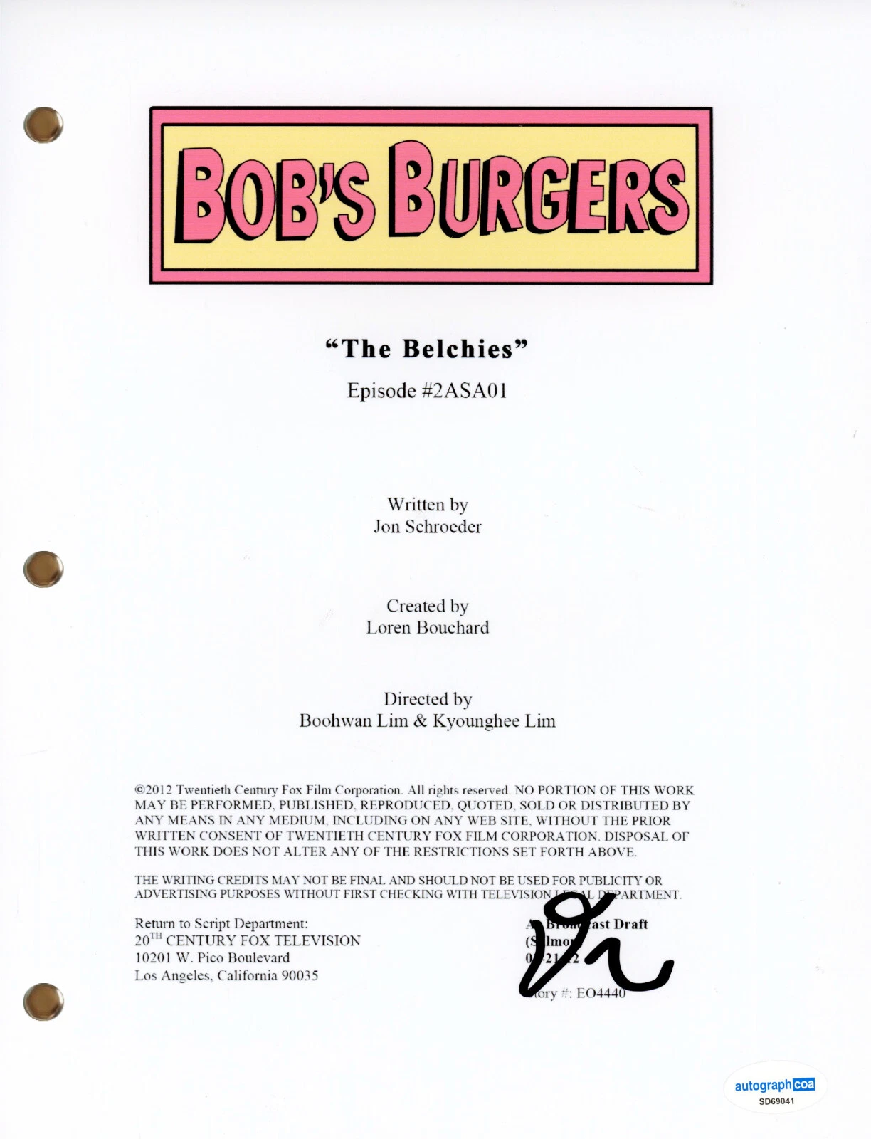 Dan Mintz “Bob’s Burgers” Signed Autograph ‘The Belchies’ Script Screenplay ACOA