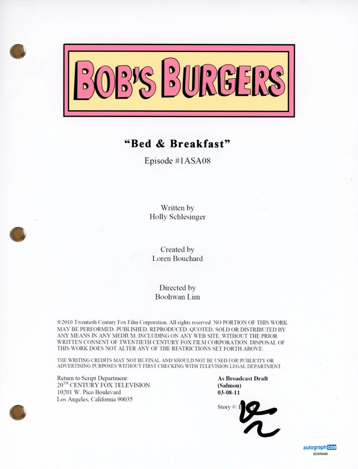 Dan Mintz “Bob’s Burgers” Signed Autograph ‘Bed & Breakfast’ Full TV Script ACOA