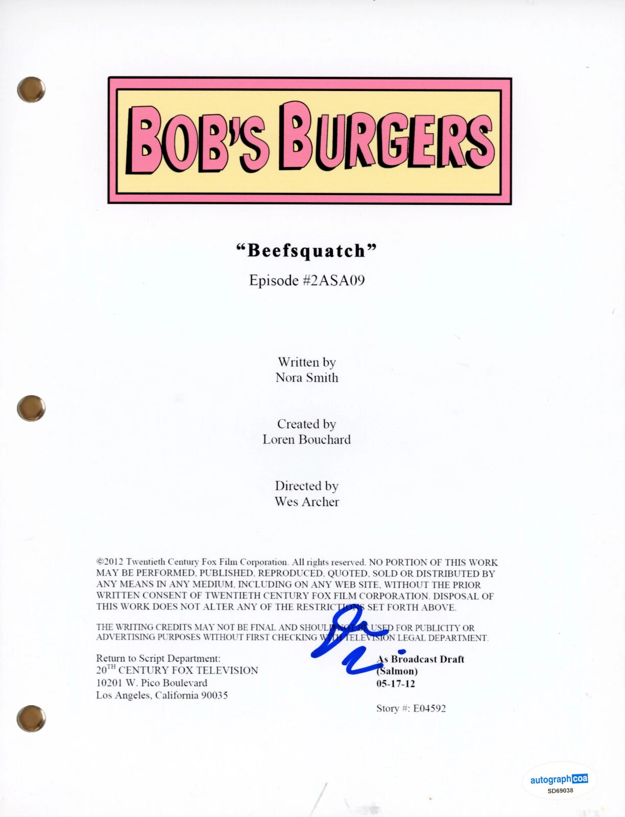 Dan Mintz “Bob’s Burgers” Signed Autograph ‘Beefsquatch’ Script Screenplay ACOA