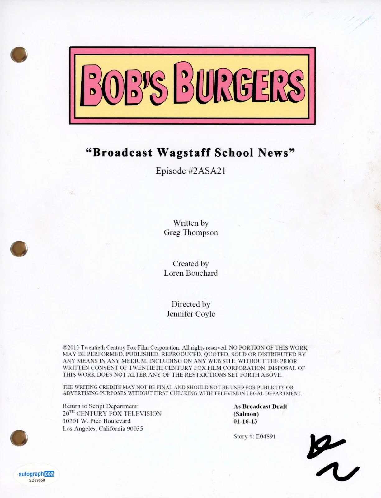 Dan Mintz “Bob’s Burgers” Signed ‘Broadcast Wagstaff School News’ TV Script ACOA
