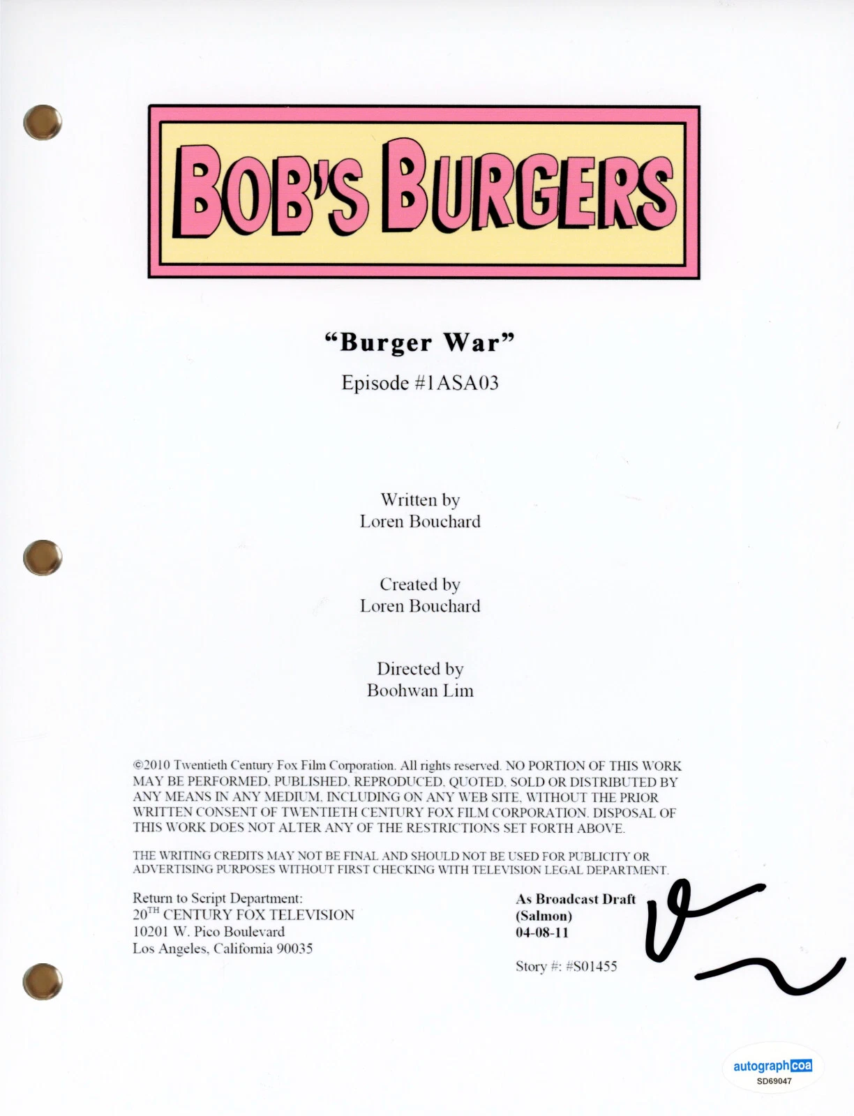 Dan Mintz “Bob’s Burgers” Signed Autograph ‘Burger War’ Script Screenplay ACOA
