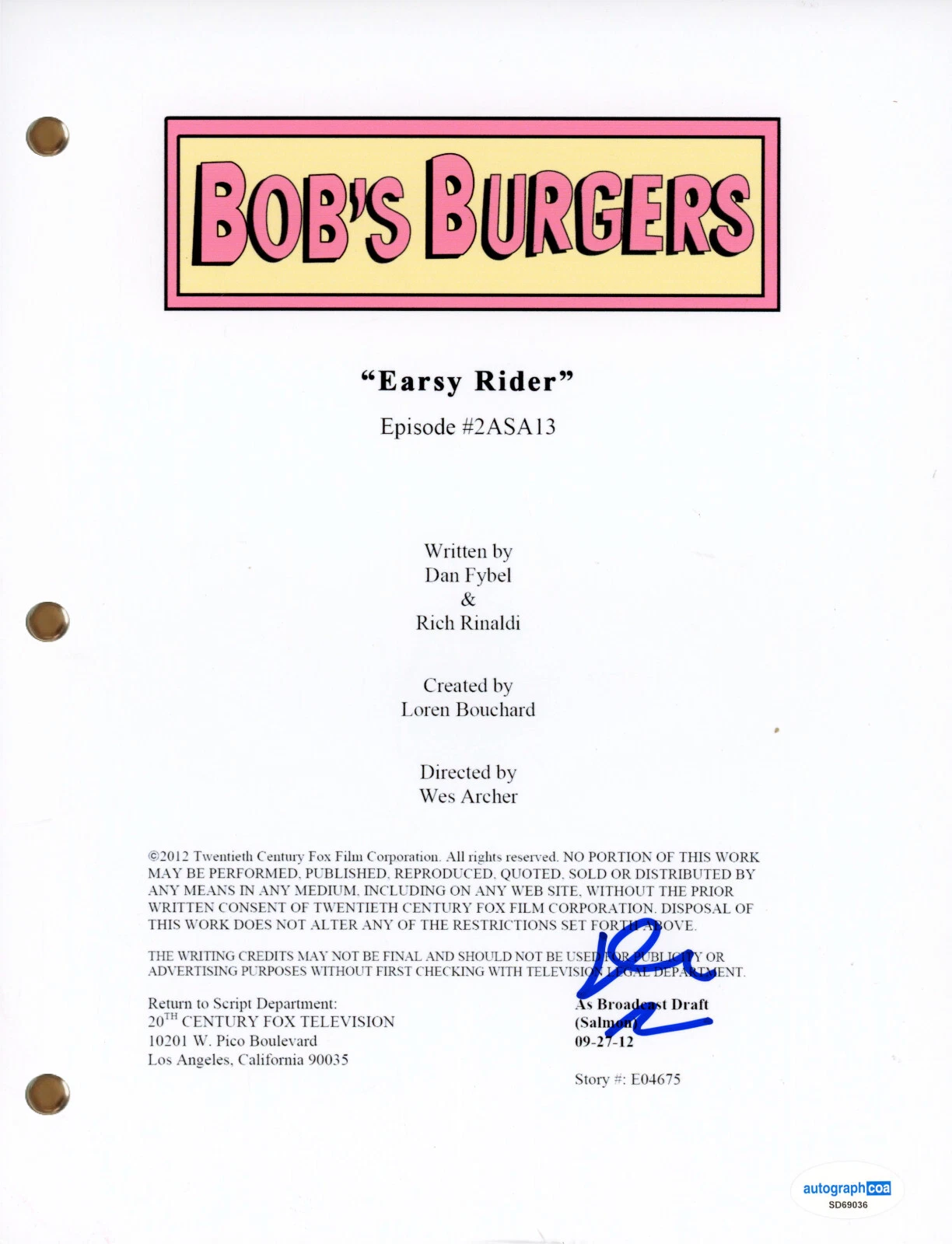 Dan Mintz “Bob’s Burgers” Signed Autograph ‘Earsy Rider’ Script Screenplay ACOA
