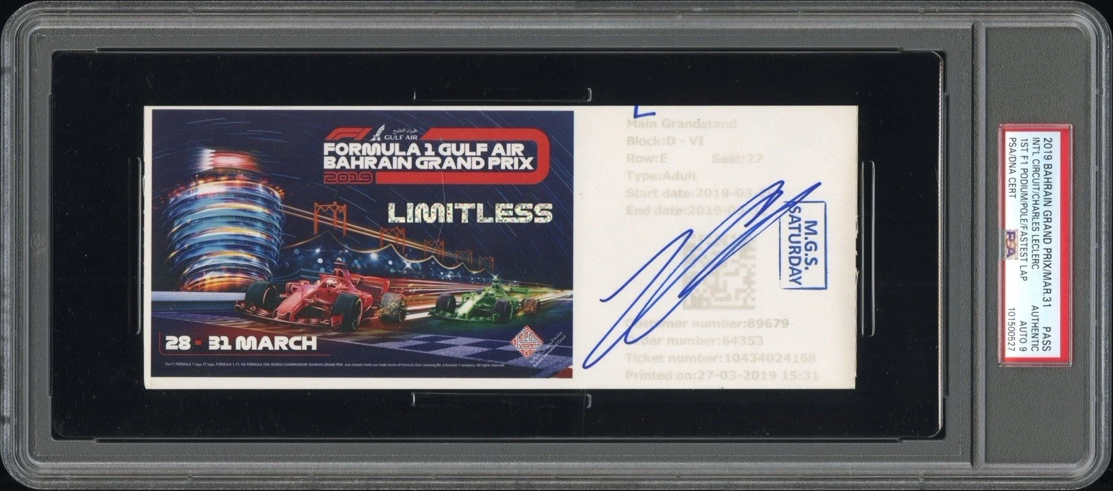 Charles Leclerc Signed 1st F1 Podium + Pole + Fastest Lap Ticket PSA MINT 9 AUTO
