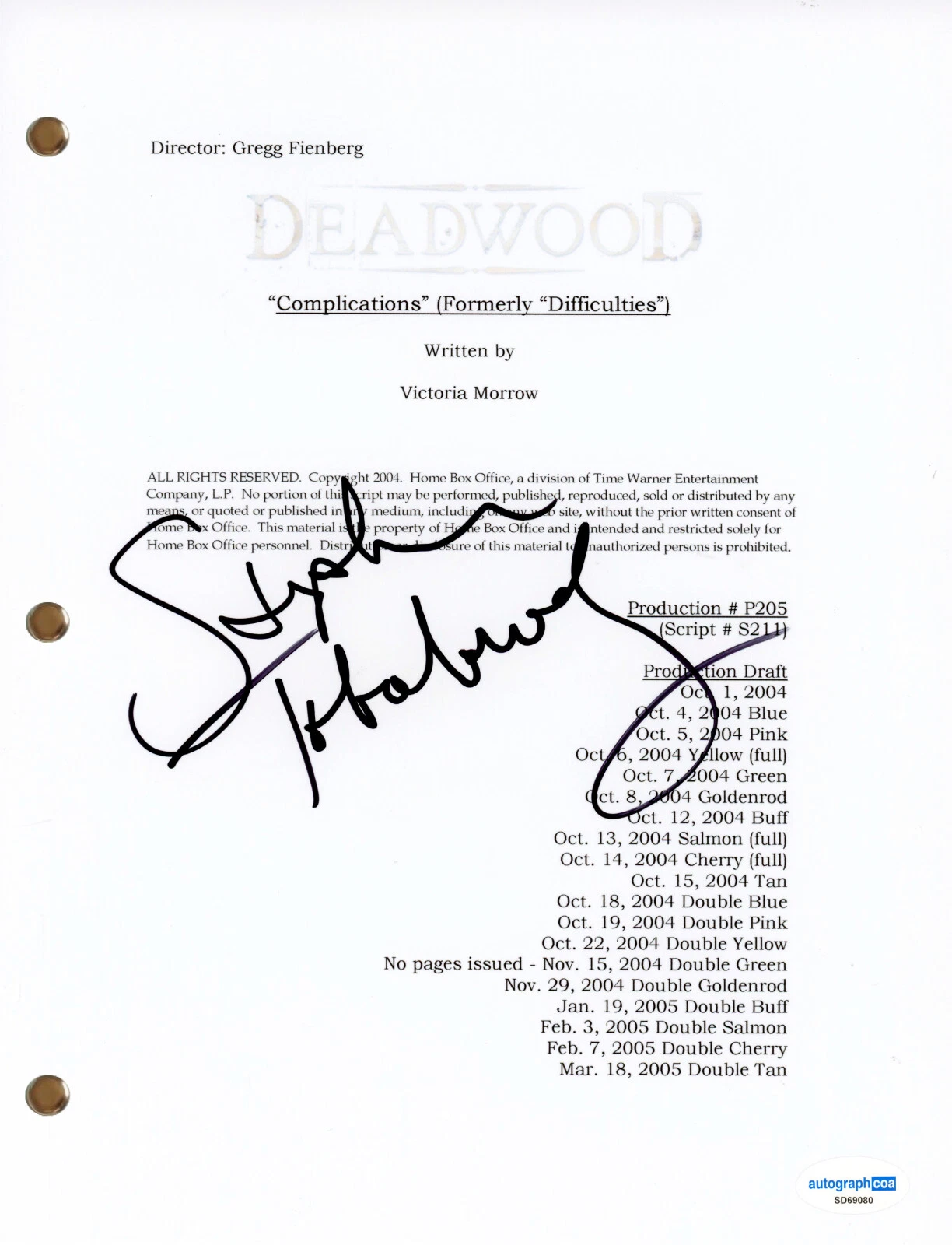 Stephen Tobolowsky “Deadwood” Signed Autograph Full TV Script Screenplay ACOA