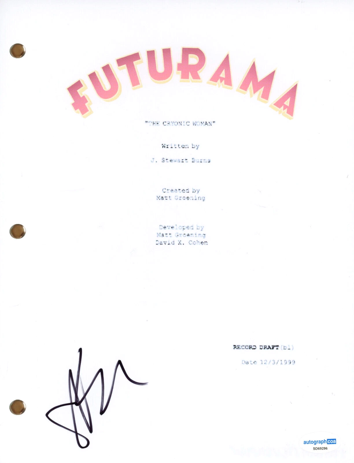 Sarah Silverman “Futurama” Signed Autograph Full Script 'The Cryonic Woman' ACOA