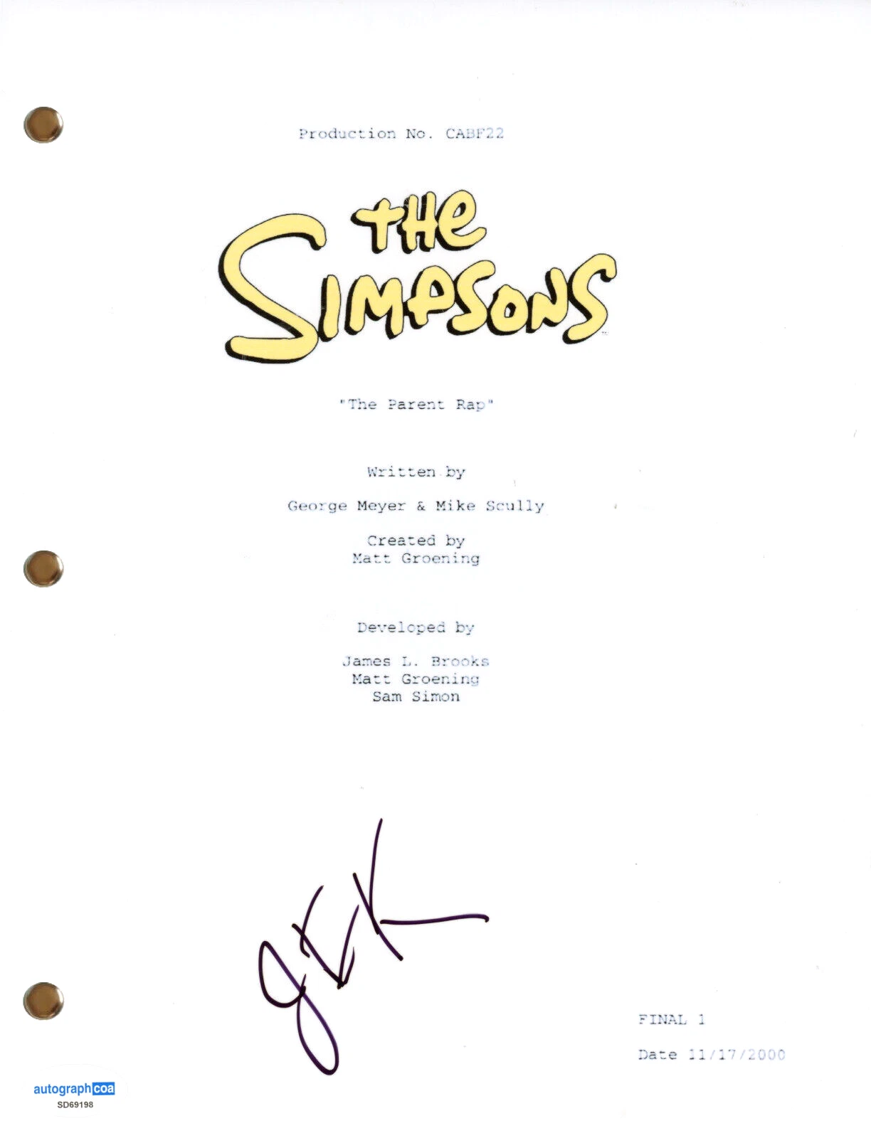 Jane Kaczmarek “The Simpsons” Signed Autograph TV Script 'The Parent Rap' ACOA