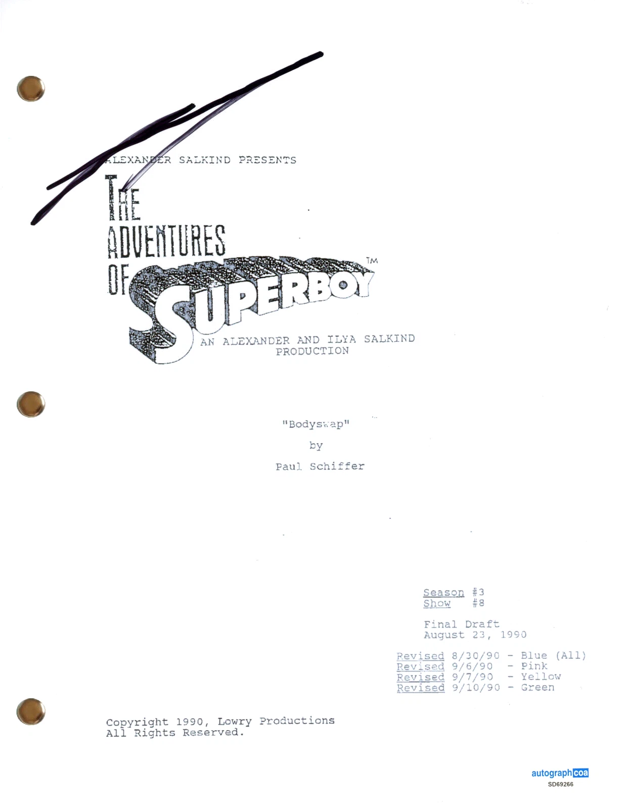 Ilya Salkind “Superboy” Signed Autograph Full Script Bodyswap TV Screenplay ACOA