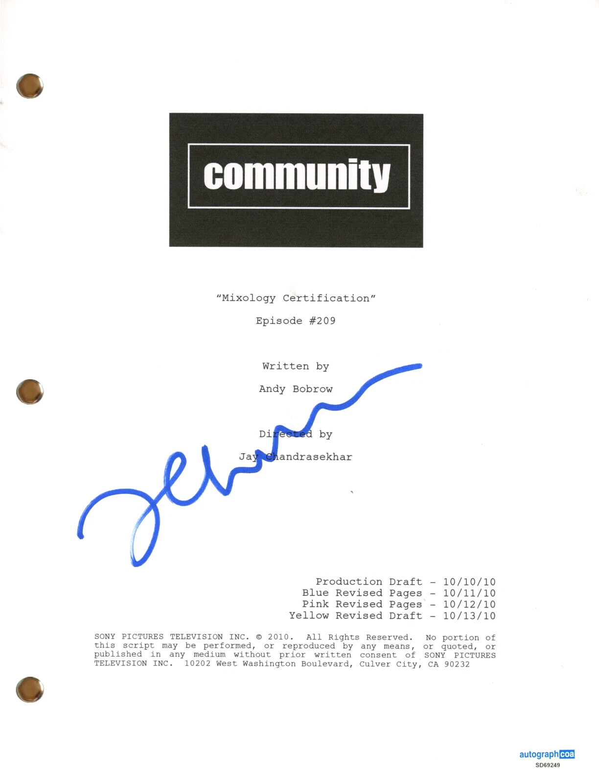 Jay Chandrasekhar “Community” Signed Autograph Full Script TV Screenplay ACOA