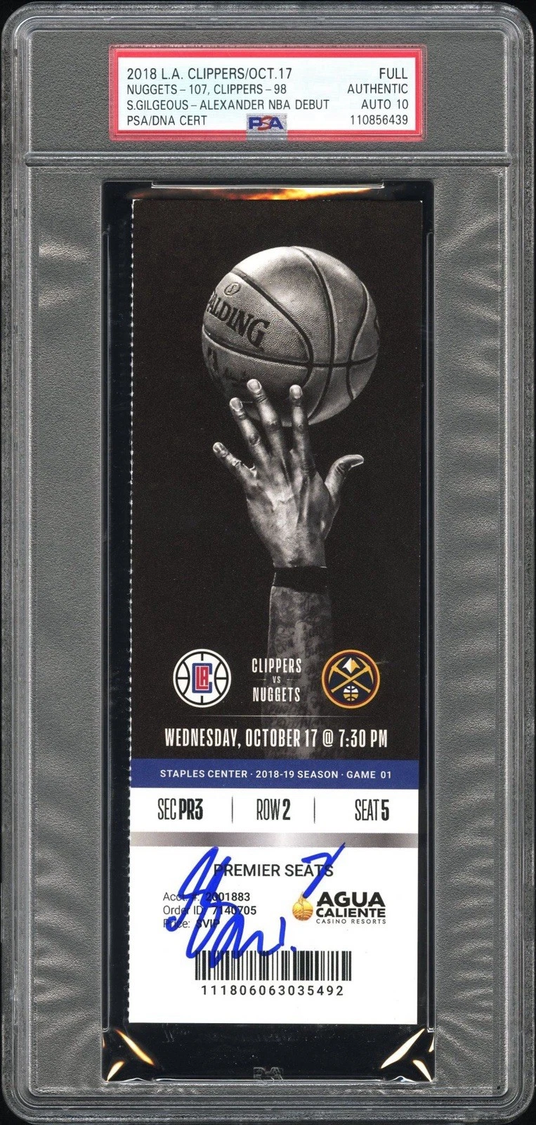 Shai Gilgeous-Alexander Signed NBA DEBUT 10/17/2018 Ticket Stub Psa GEM 10 AUTO