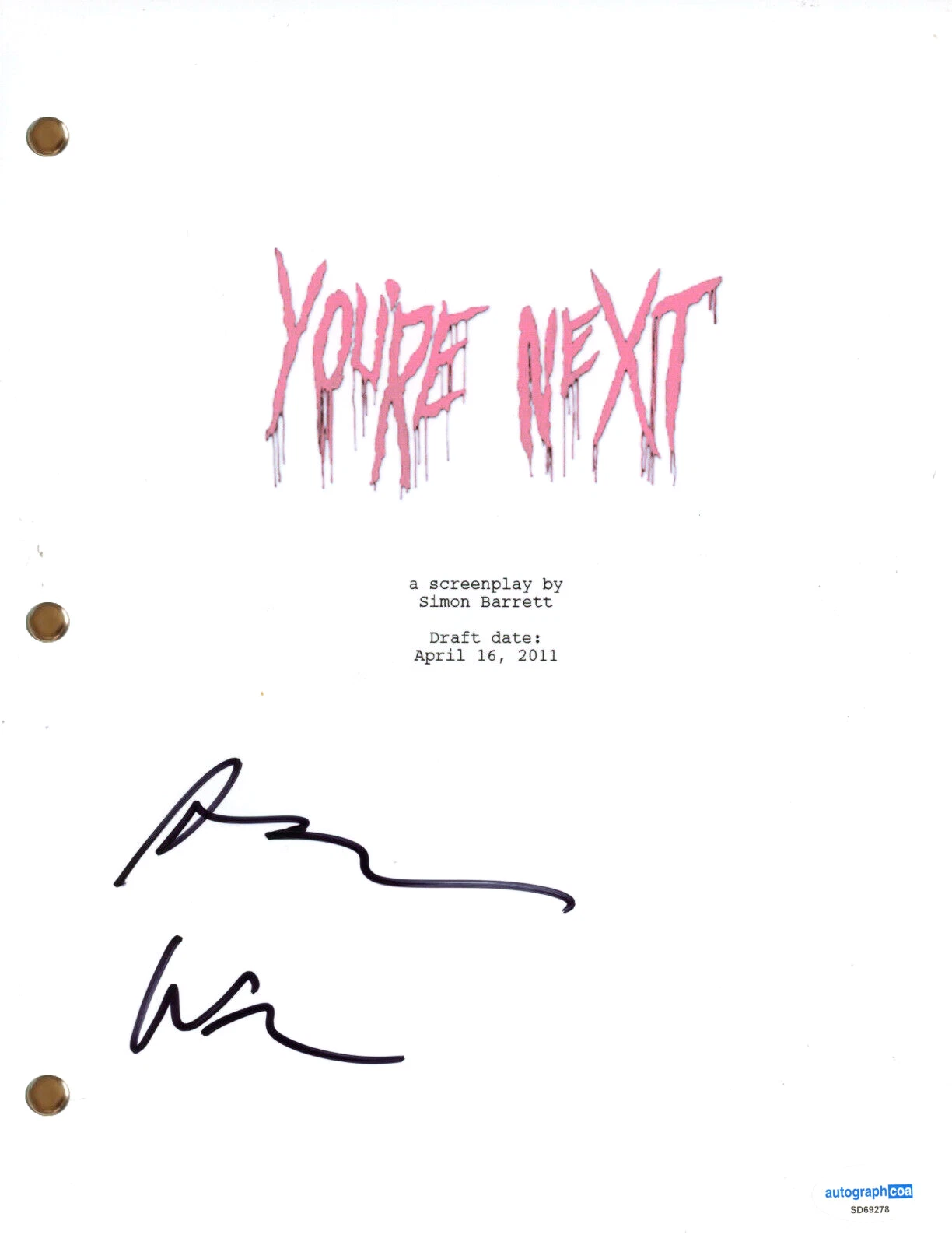 Adam Wingard “You’re Next” Signed Autograph Movie Script Screenplay Horror ACOA