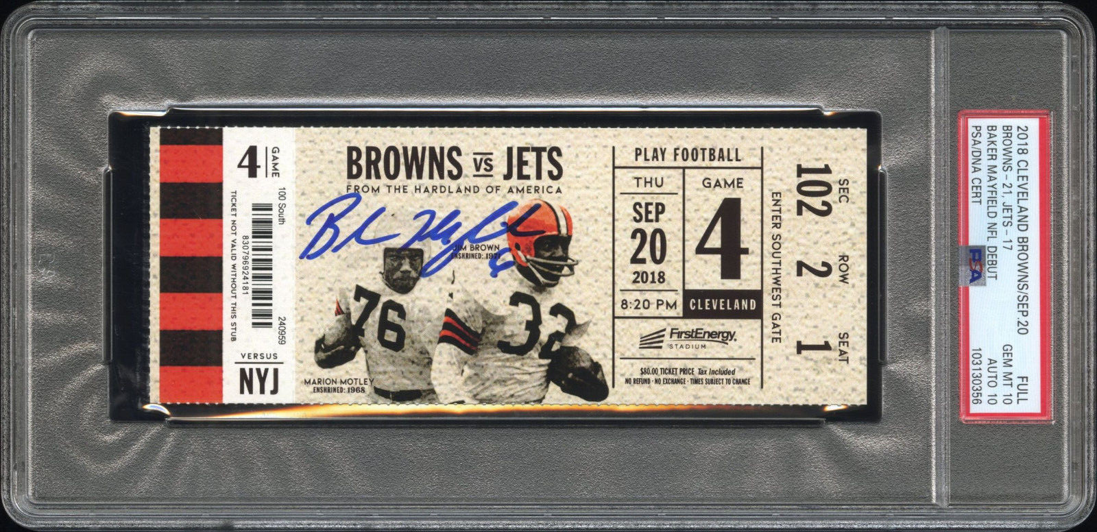 Baker Mayfield Signed Browns Jets NFL Debut Ticket Rookie Auto 9/20/2018 PSA 10