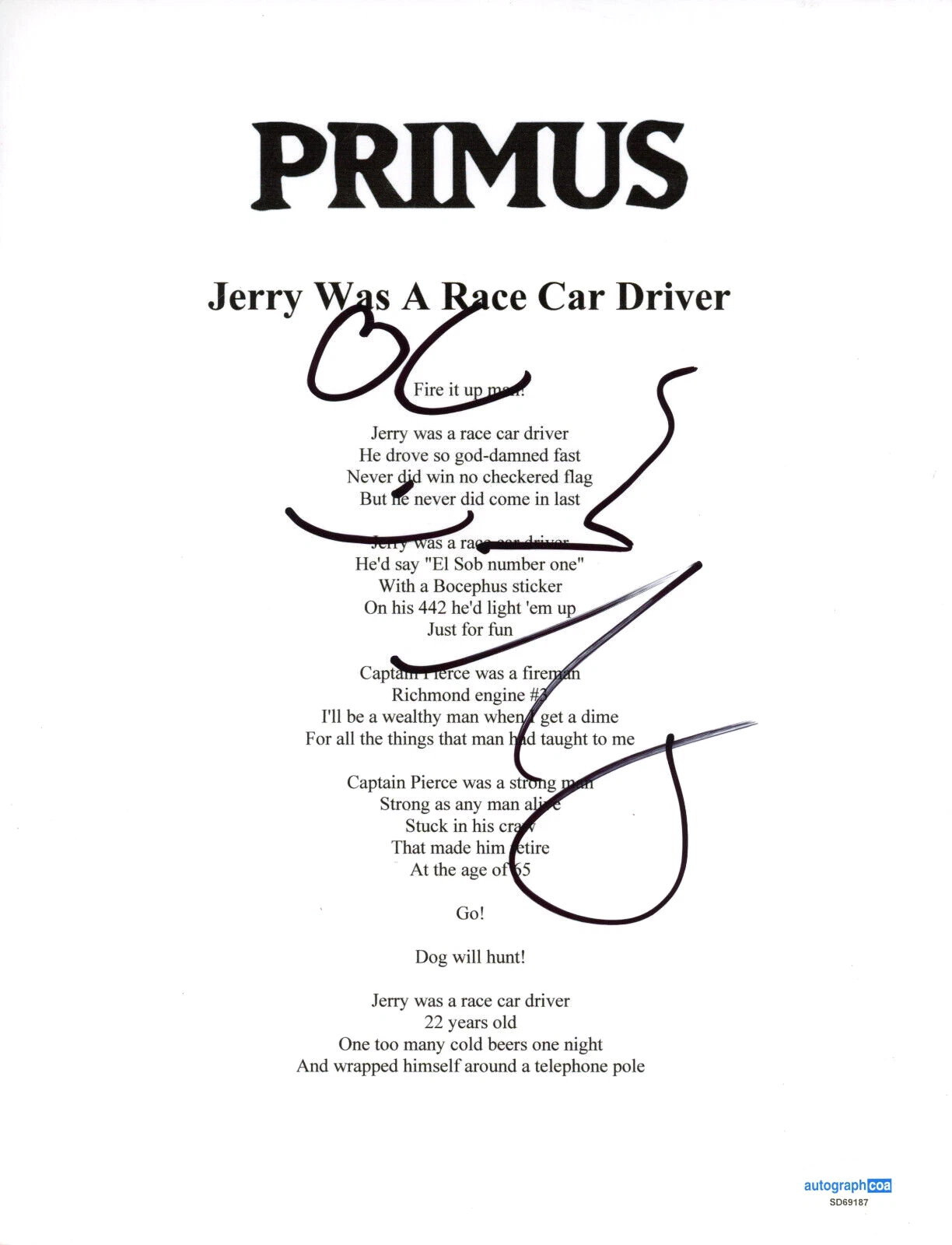 Primus Larry LaLonde Ler Signed Jerry Was A Race Car Driver Lyric Sheet ACOA COA