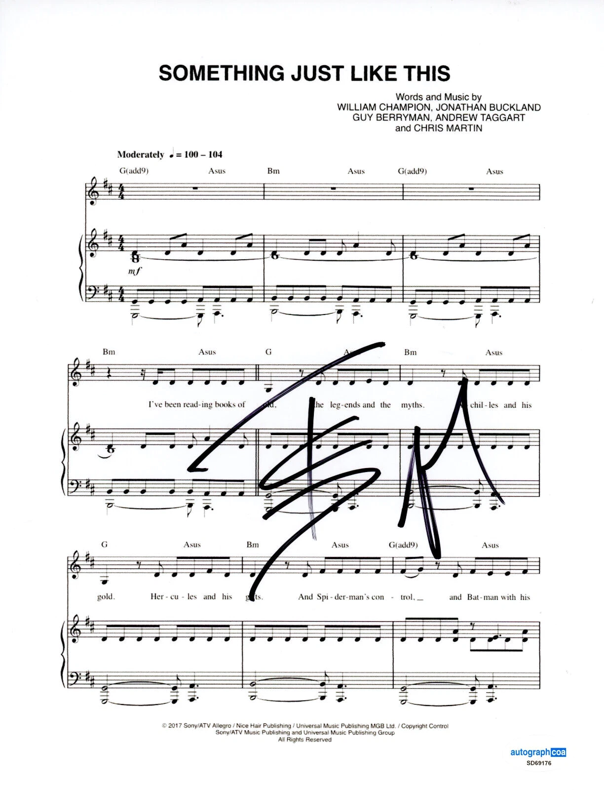 The Chainsmokers Alex Pall Signed Something Like This Sheet Music Coldplay ACOA