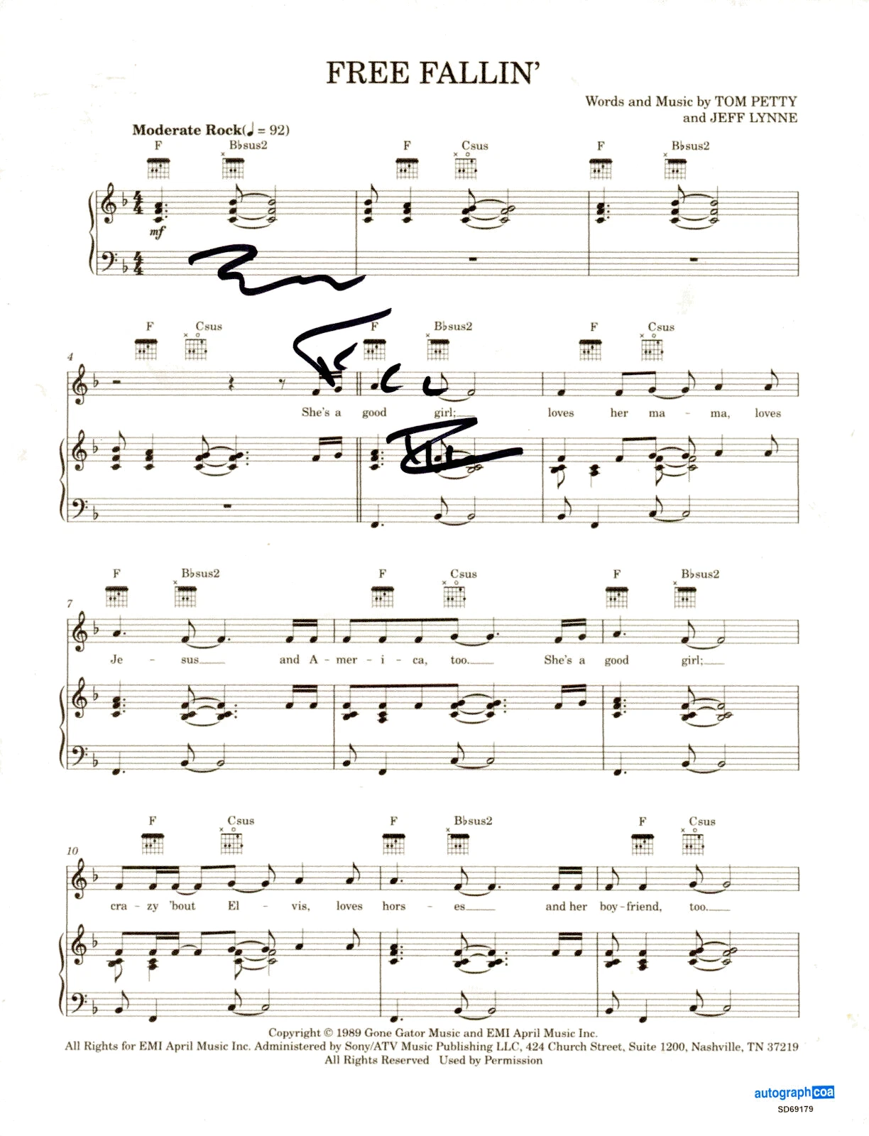 Benmont Tench Signed Tom Petty & The Heartbreakers Free Fallin Sheet Music ACOA