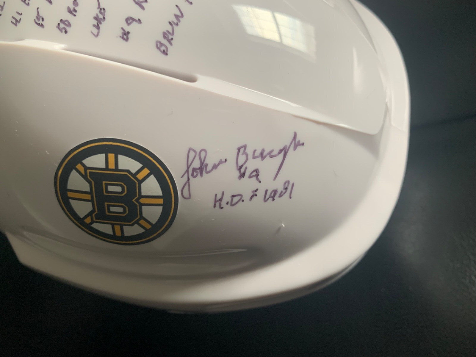JOHN BUCYK HAND SIGNED BOSTON BRUINS HOCKEY MINI-HELMET+JSA 18 INSCRIPTIONS