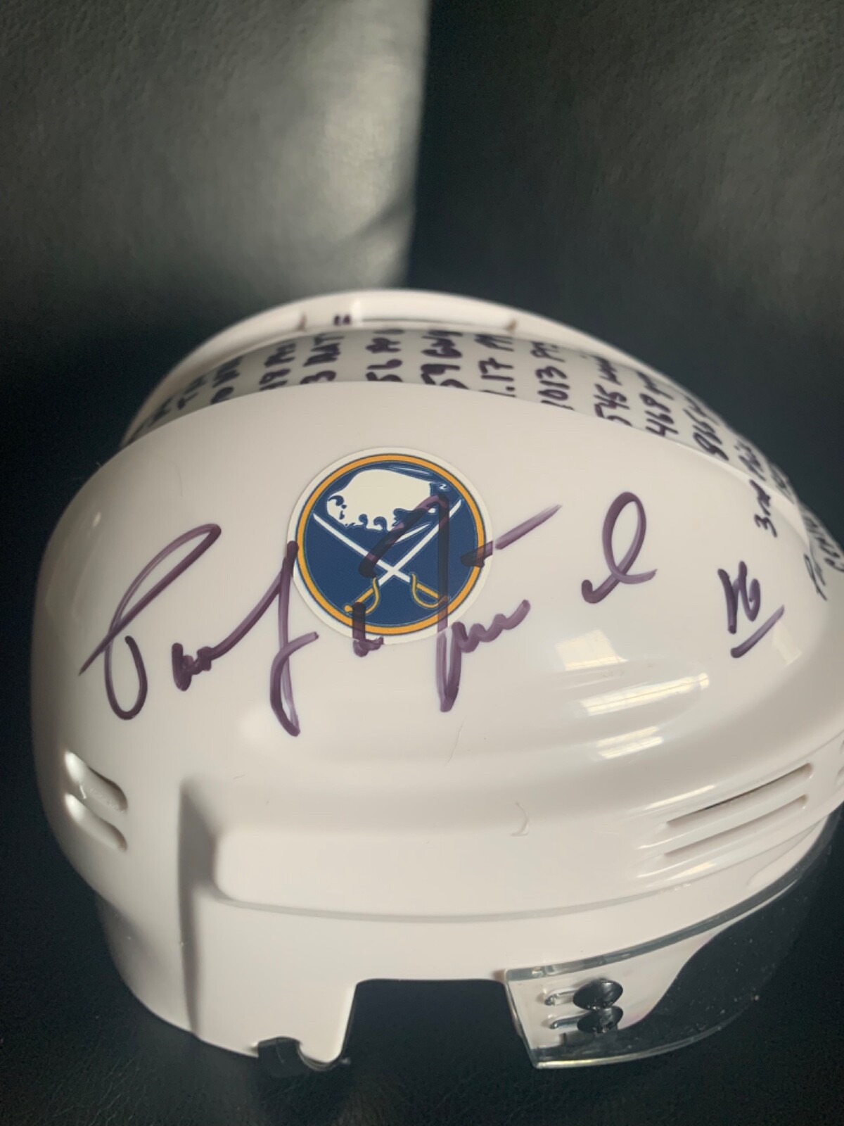 PAT LaFONTAINE HAND SIGNED SABRES HOCKEY MINI-HELMET+JSA 18 INSCRIPTIONS
