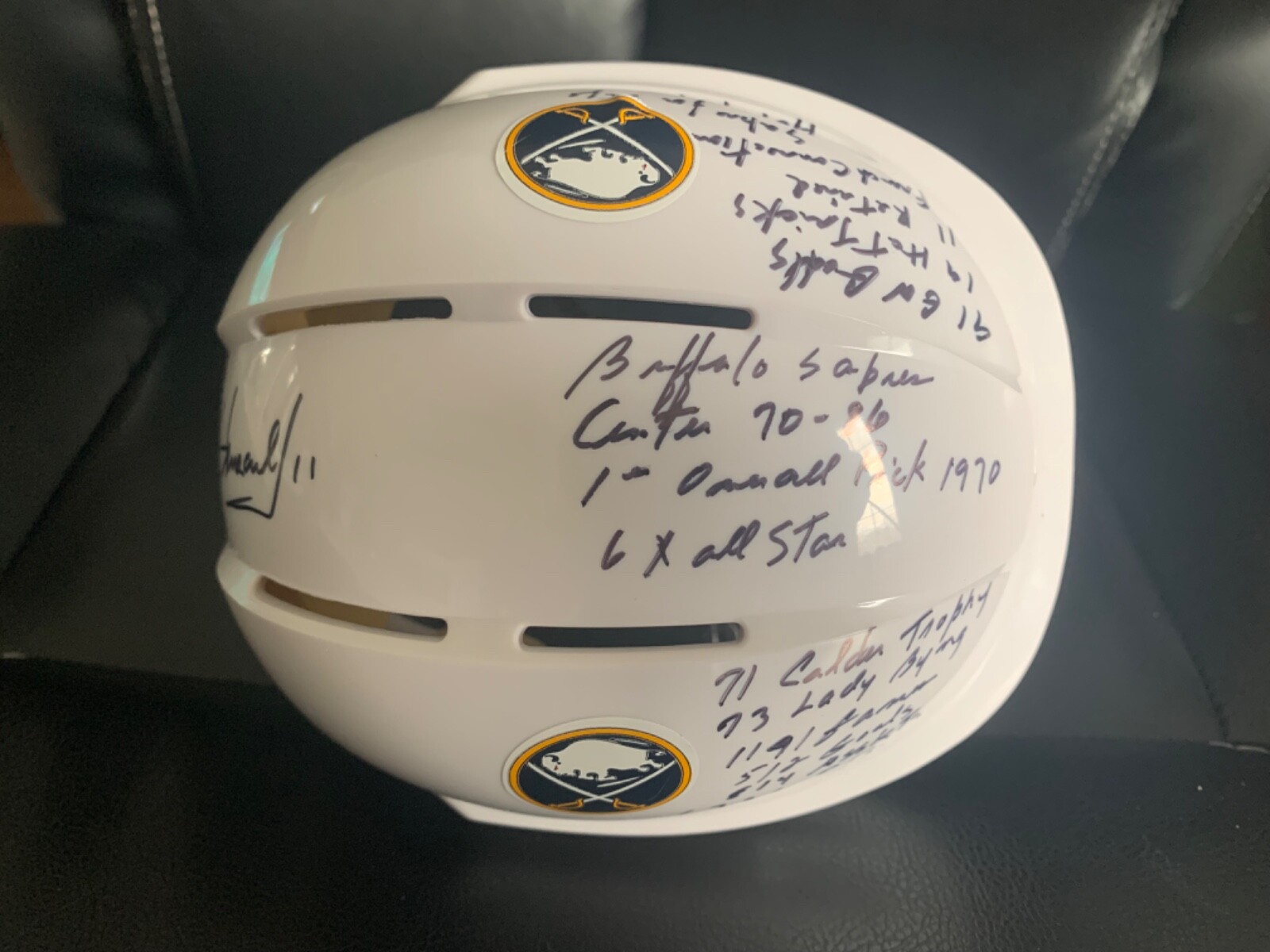 GIL PERREAULT HAND SIGNED SABRES HOCKEY MINI-HELMET+JSA 16 INSCRIPTIONS